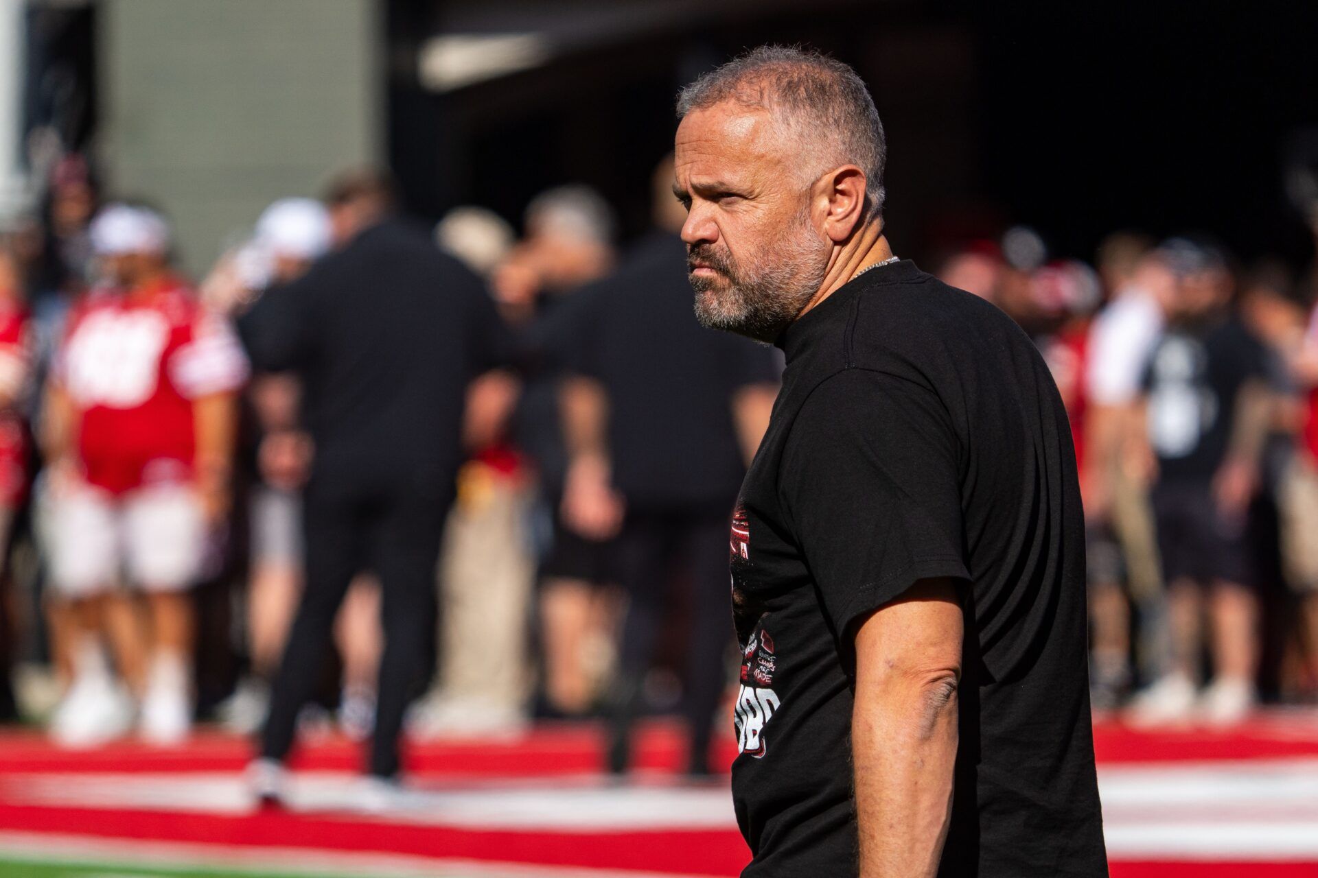 Nebraska Cornhuskers head coach Matt Rhule walks on the field before the game against the Houston Christian Huskies at Memorial Stadium.