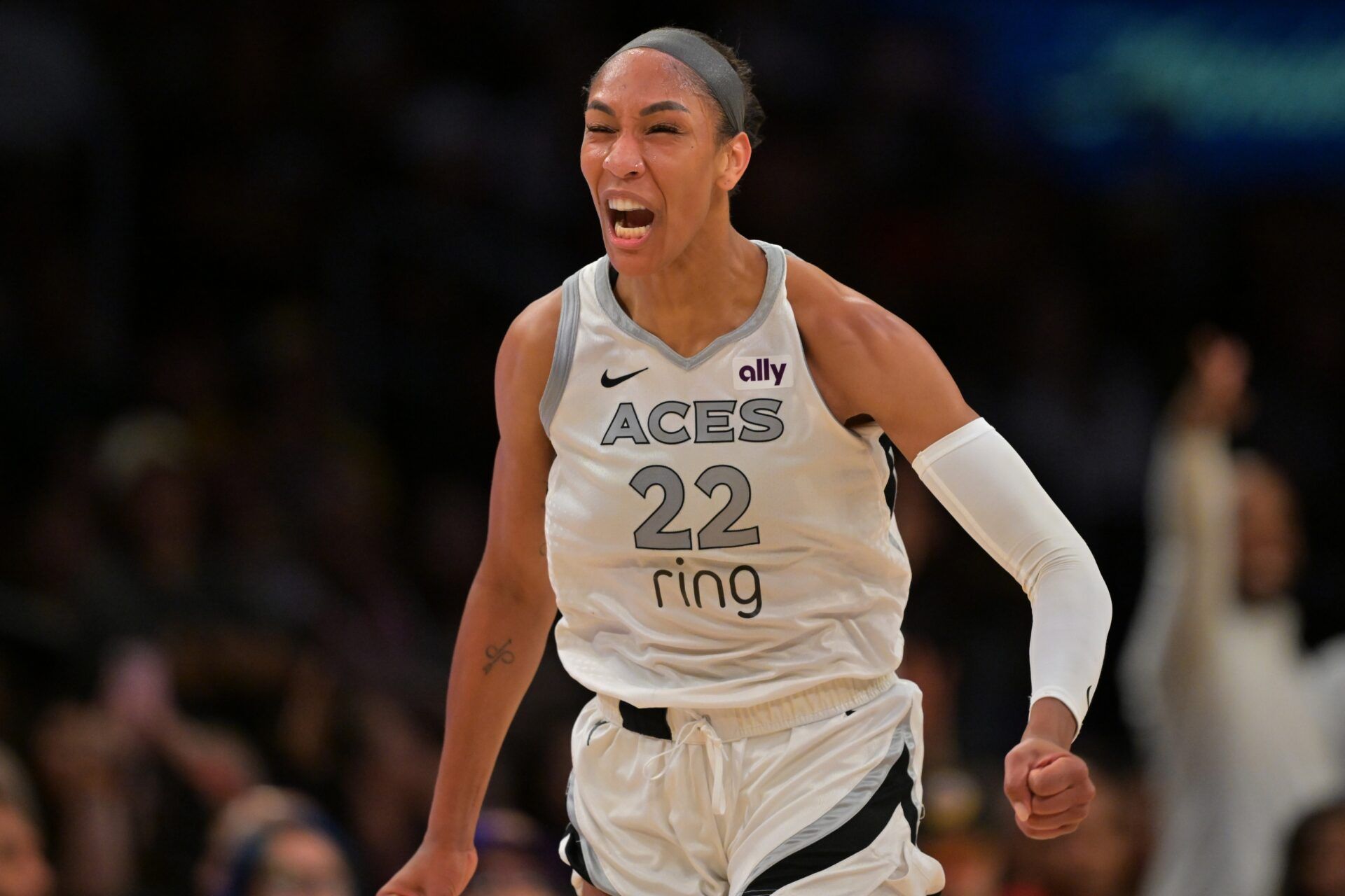 Las Vegas Aces center A'ja Wilson (22) celebrates after a 3 pointer during the second half against the Los Angeles Sparks at Crypto.com Arena.