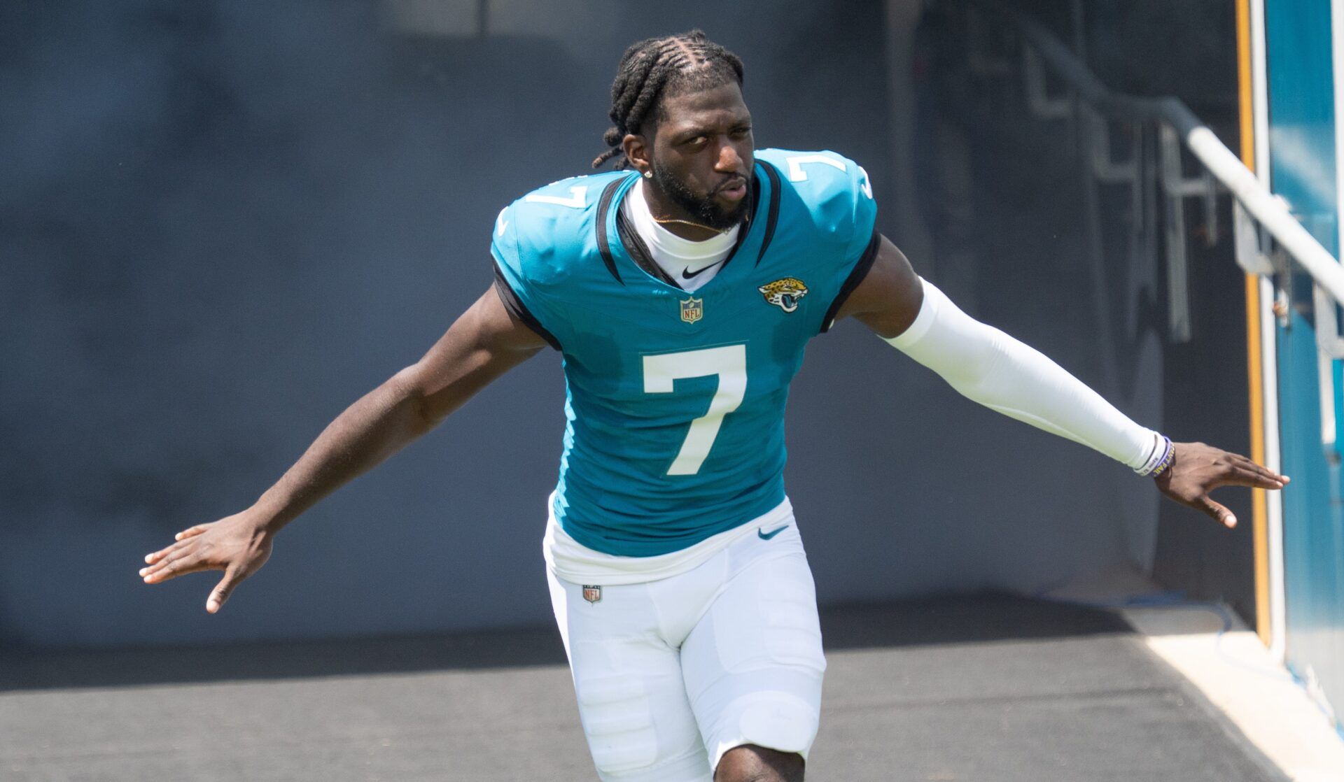 Jacksonville Jaguars wide receiver Brian Thomas Jr. (7) comes out of the tunnel before the start of an NFL football game between the Carolina Panthers at Jacksonville Jaguars at EverBank Stadium Sunday September 7, 2025. [Doug Engle/Florida Times-Union]