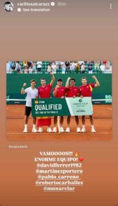 Carlos Alcaraz's Instagram story celebrating Spain's qualification to Davis Cup Final 8