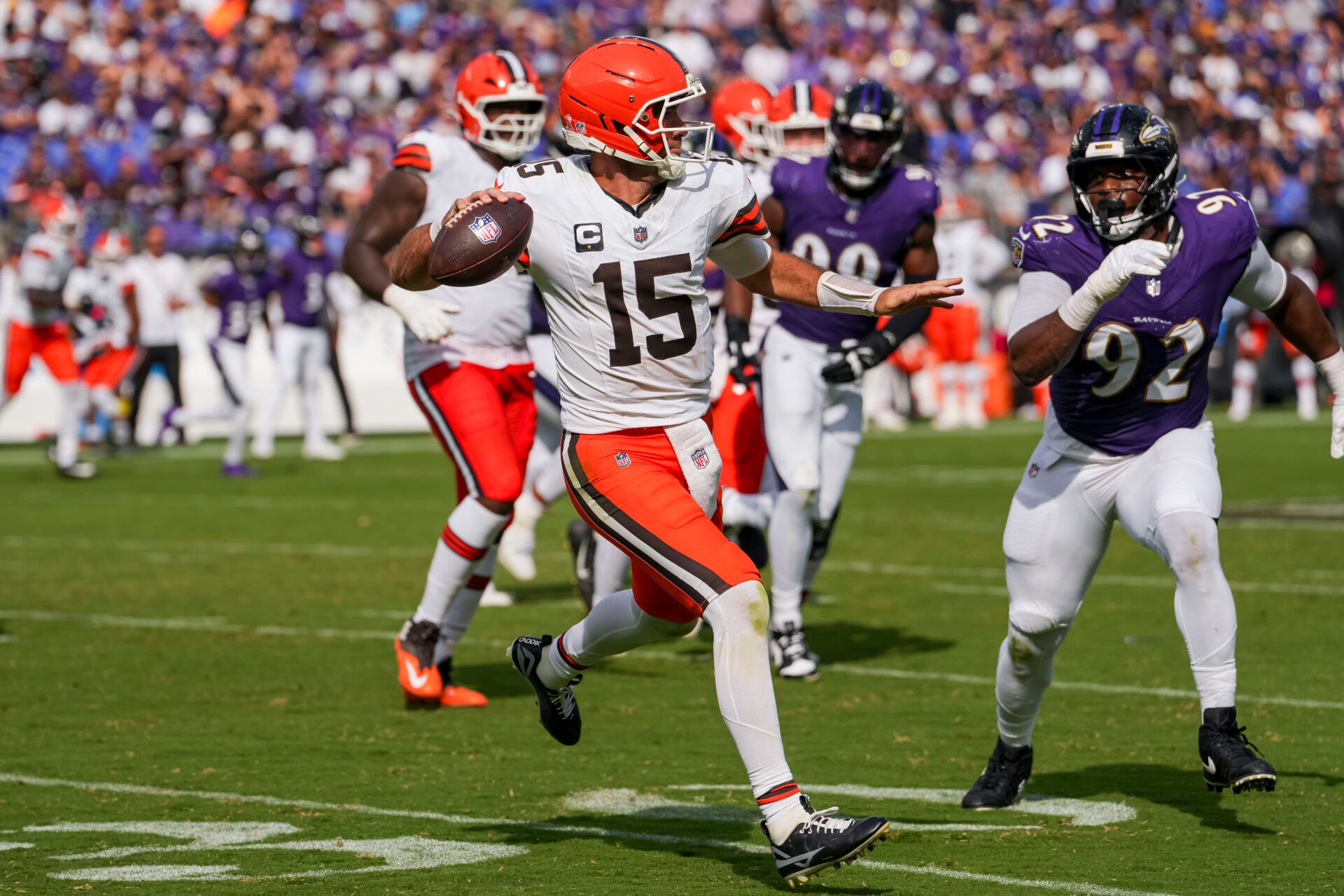 Cleveland Browns quarterback Joe Flacco (15) during the fourth quarter at M&T Bank Stadium.