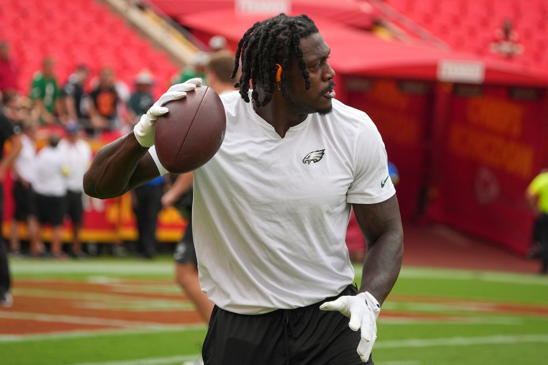 Philadelphia Eagles wide receiver A.J. Brown (11) warms up prior to the game against the Kansas City Chiefs at GEHA Field at Arrowhead Stadium.
