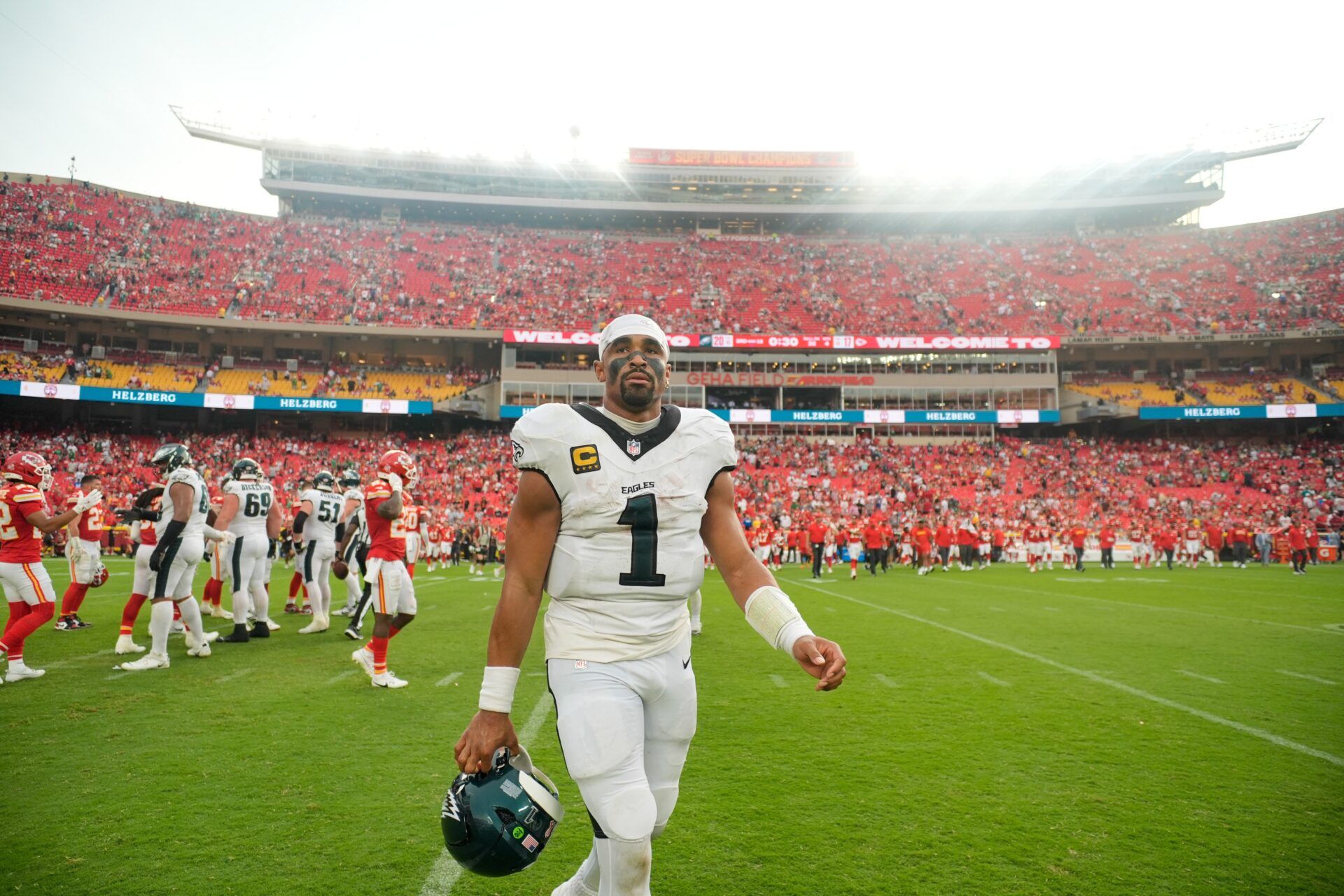 Philadelphia Eagles quarterback Jalen Hurts (1) looks on after the game against the Kansas City Chiefs at GEHA Field at Arrowhead Stadium.