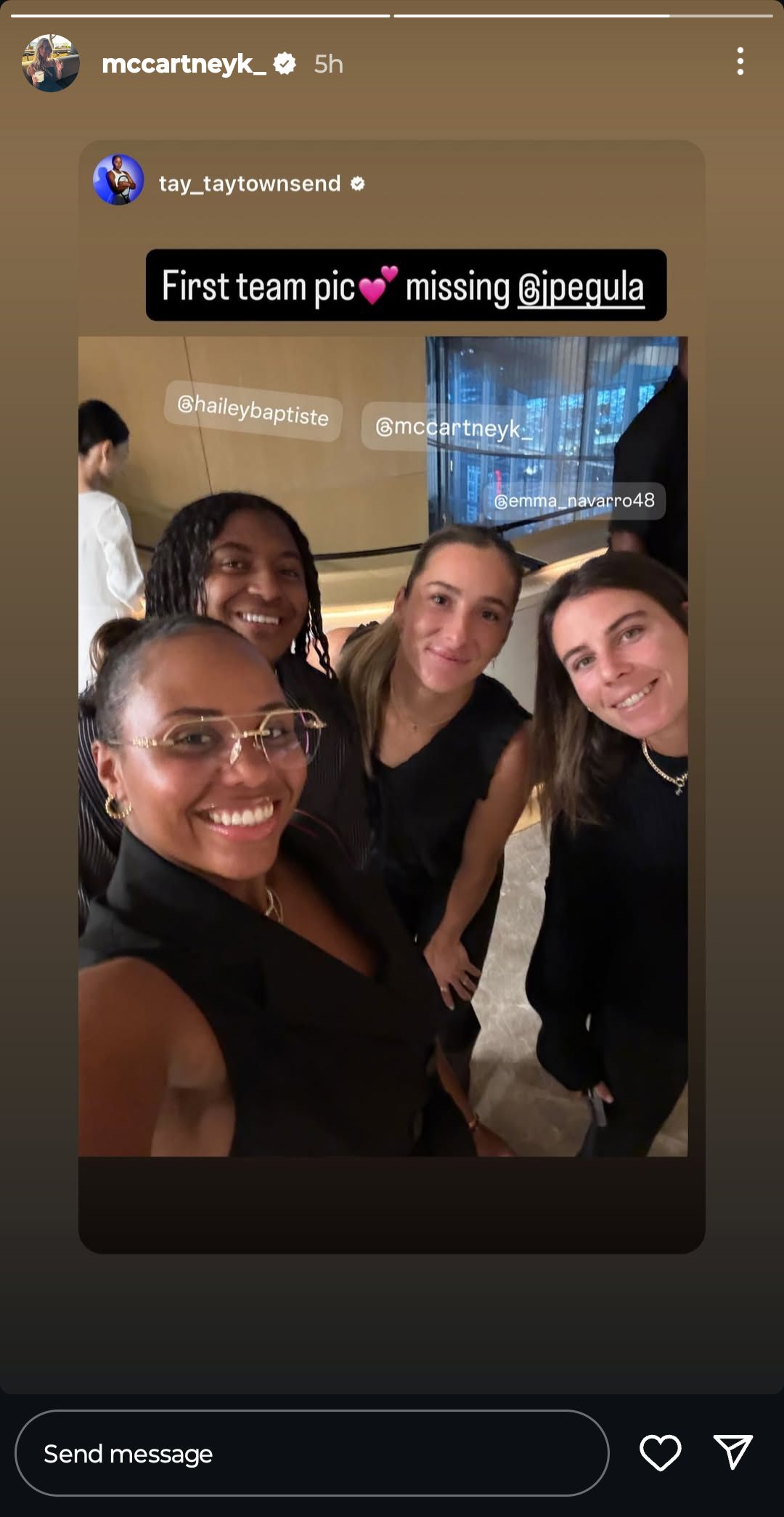 Screen grab of Taylor Townsend's Instagram story