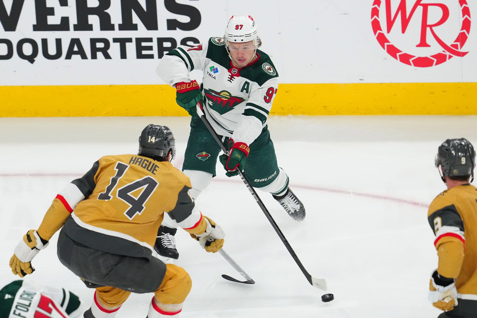 Minnesota Wild left wing Kirill Kaprizov (97) skates against the Vegas Golden Knights during the third period of game five of the first round of the 2025 Stanley Cup Playoffs at T-Mobile Arena.