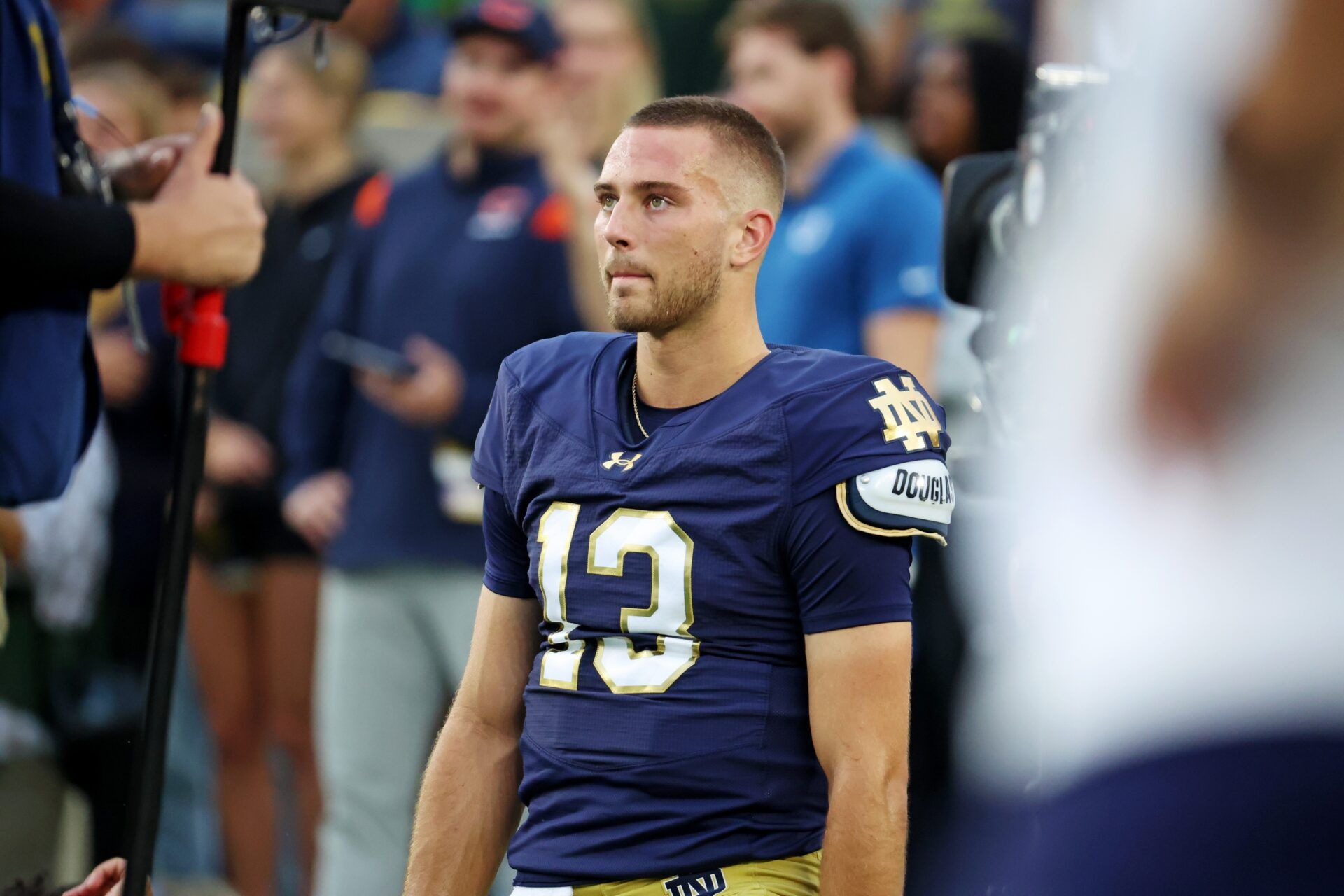 Notre Dame Fighting Irish quarterback CJ Carr (13) looks on during the first half against the Texas A&M Aggies at Notre Dame Stadium.