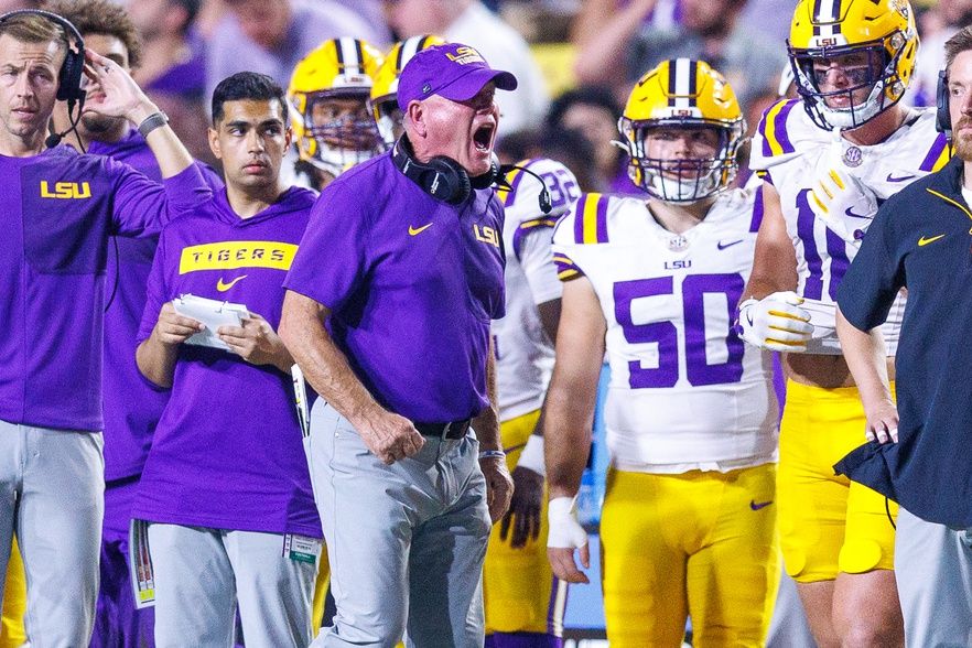 LSU Tigers head coach Brian Kelly reacts to a play against Louisiana Tech Bulldogs during the second half against Louisiana Tech Bulldogs at Tiger Stadium.