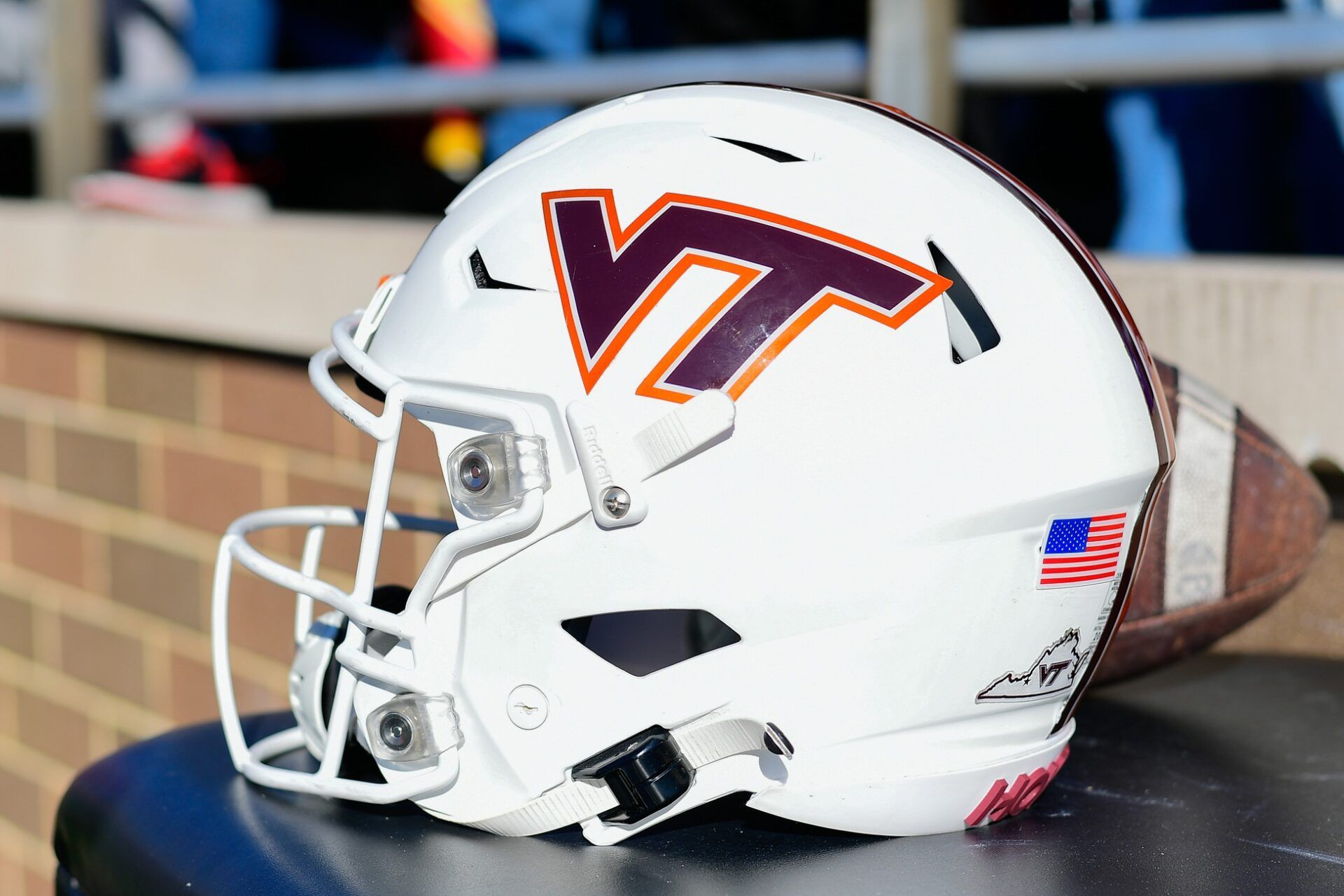 A Virginia Tech Hokies helmet rest on a table during the first half against the Boston College Eagles at Alumni Stadium.