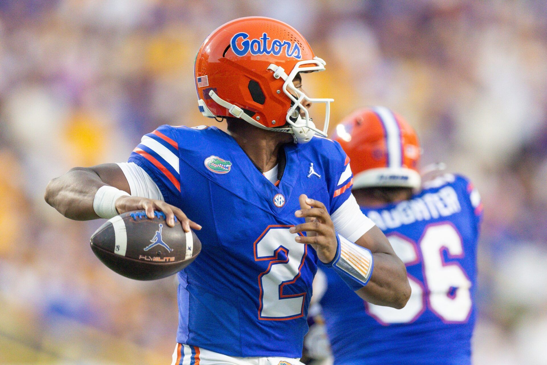 Florida Gators quarterback DJ Lagway (2) passes against the Florida Gators during the first half at Tiger Stadium.