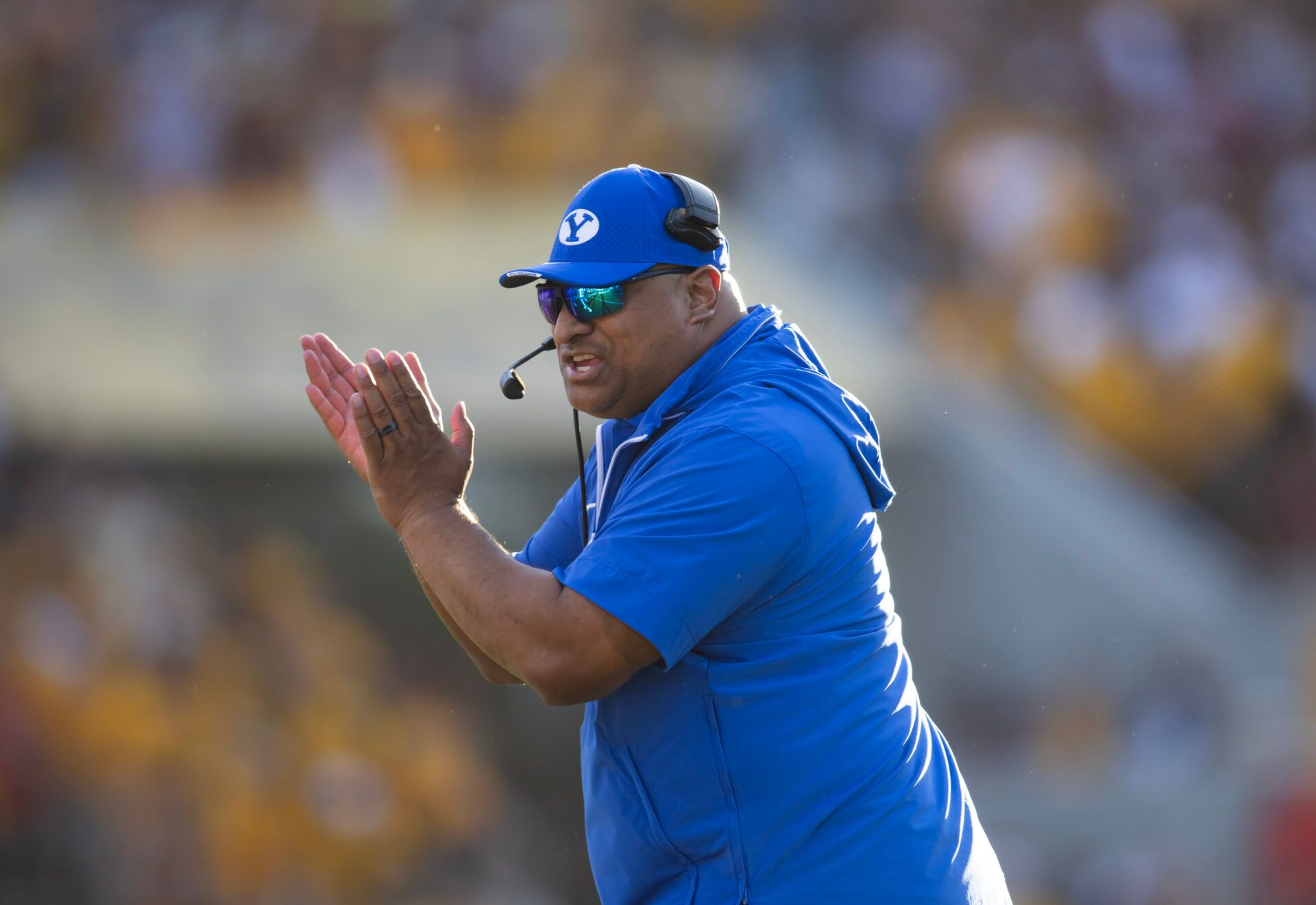 Brigham Young Cougars head coach Kalani Sitake against the Arizona State Sun Devils at Mountain America Stadium.
