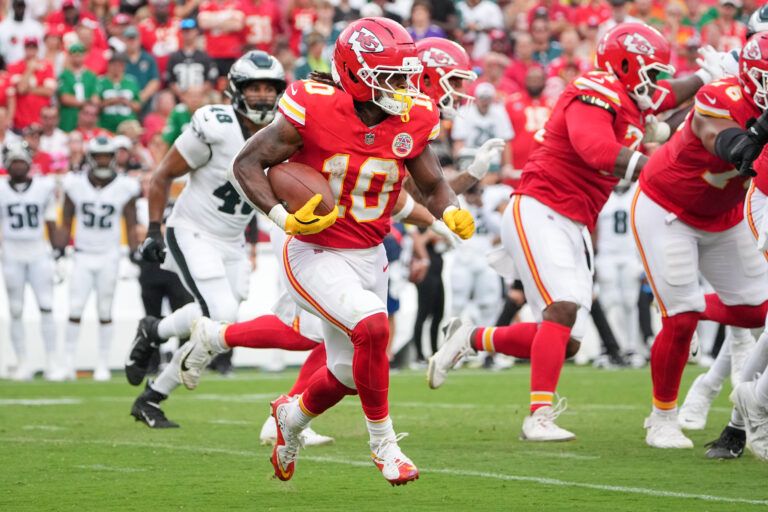 Kansas City Chiefs running back Isiah Pacheco (10) carries the ball against the Philadelphia Eagles during the third quarter of the game at GEHA Field at Arrowhead Stadium.