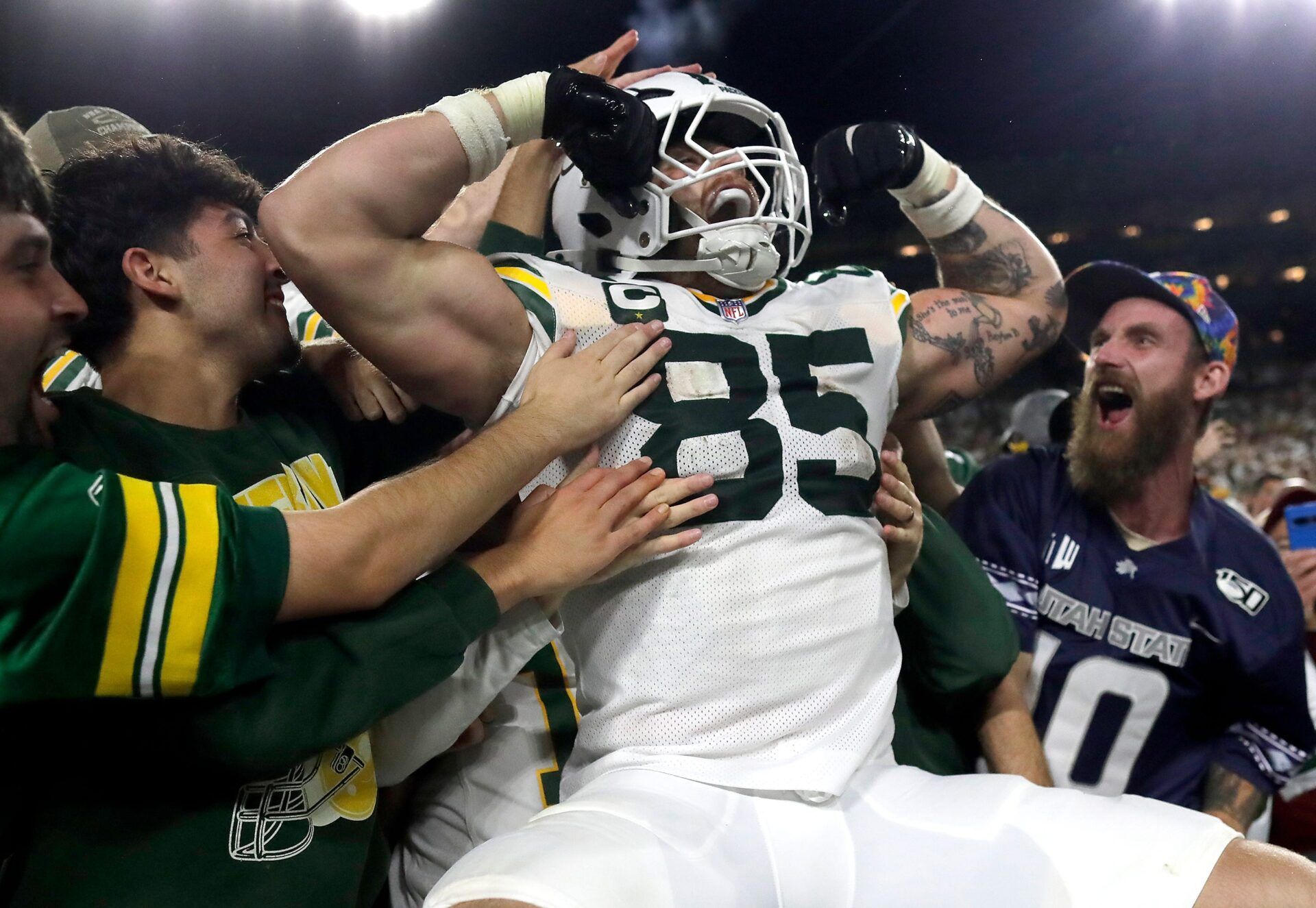 Green Bay Packers tight end Tucker Kraft (85) celebrates a touchdown against the Washington Commanders on Thursday, September 11, 2025, at Lambeau Field in Green Bay, Wis. The Packers defeated the Commanders 27-18.
Wm. Glasheen USA TODAY NETWORK-Wisconsin