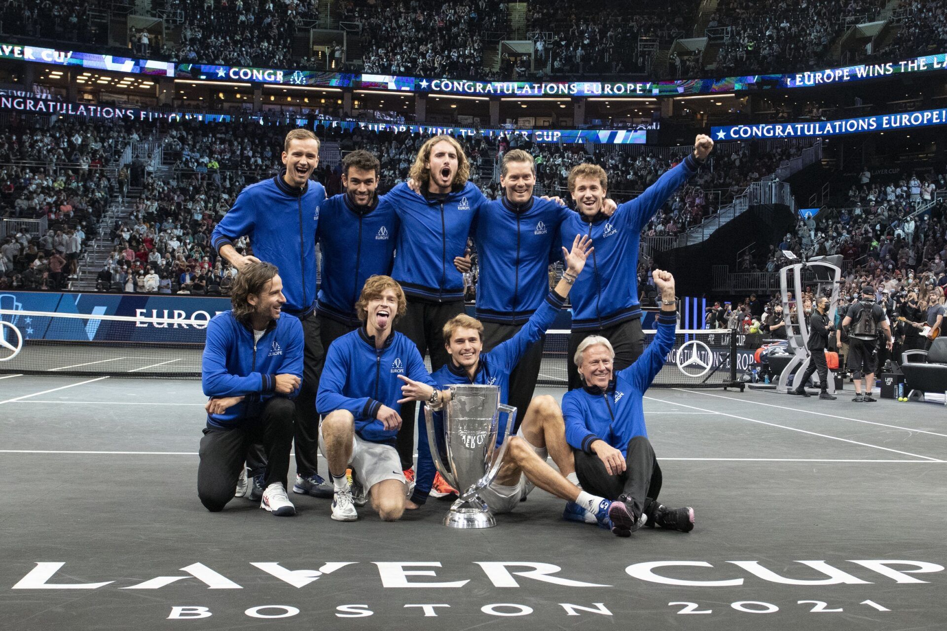 right to left standing Daniil Medvedev, Matteo Berrettini, Stefanos Tsitsipas, Vice Captain Thomas Enqvist and Casper Ruud. Sitting, Feliciano Lopez, Andrey Rublev, Alexander Zverev and Team Europe Captain Bjorn Borg pose and celebrate with the Laver Cup. Team Europe beat Team World 14-1 at TD Garden.
