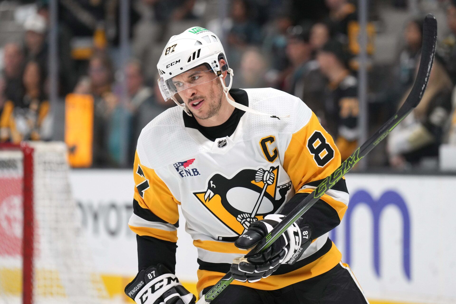 Pittsburgh Penguins center Sidney Crosby (87) warms up before the game against the San Jose Sharks at SAP Center at San Jose.