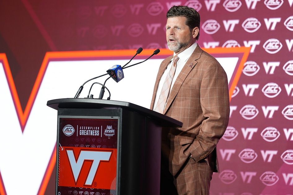 Virginia Tech head coach Brent Pry answers questions from the media during ACC Media Days at Hilton Charlotte Uptown.
