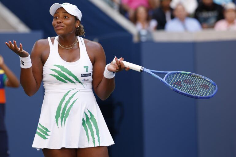 Flushing, NY, USA; Taylor Townsend (USA) reacts after missing a shot against Barbora Krejcikova (CZE) (not pictured) on day eight of the 2025 US Open tennis championships at Billie Jean King National Tennis Center.