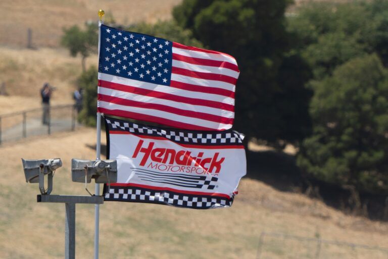 General view of the United States flag and Hendrick Motorsports flag during the Toyota / Save Mart 350 at Sonoma Raceway.