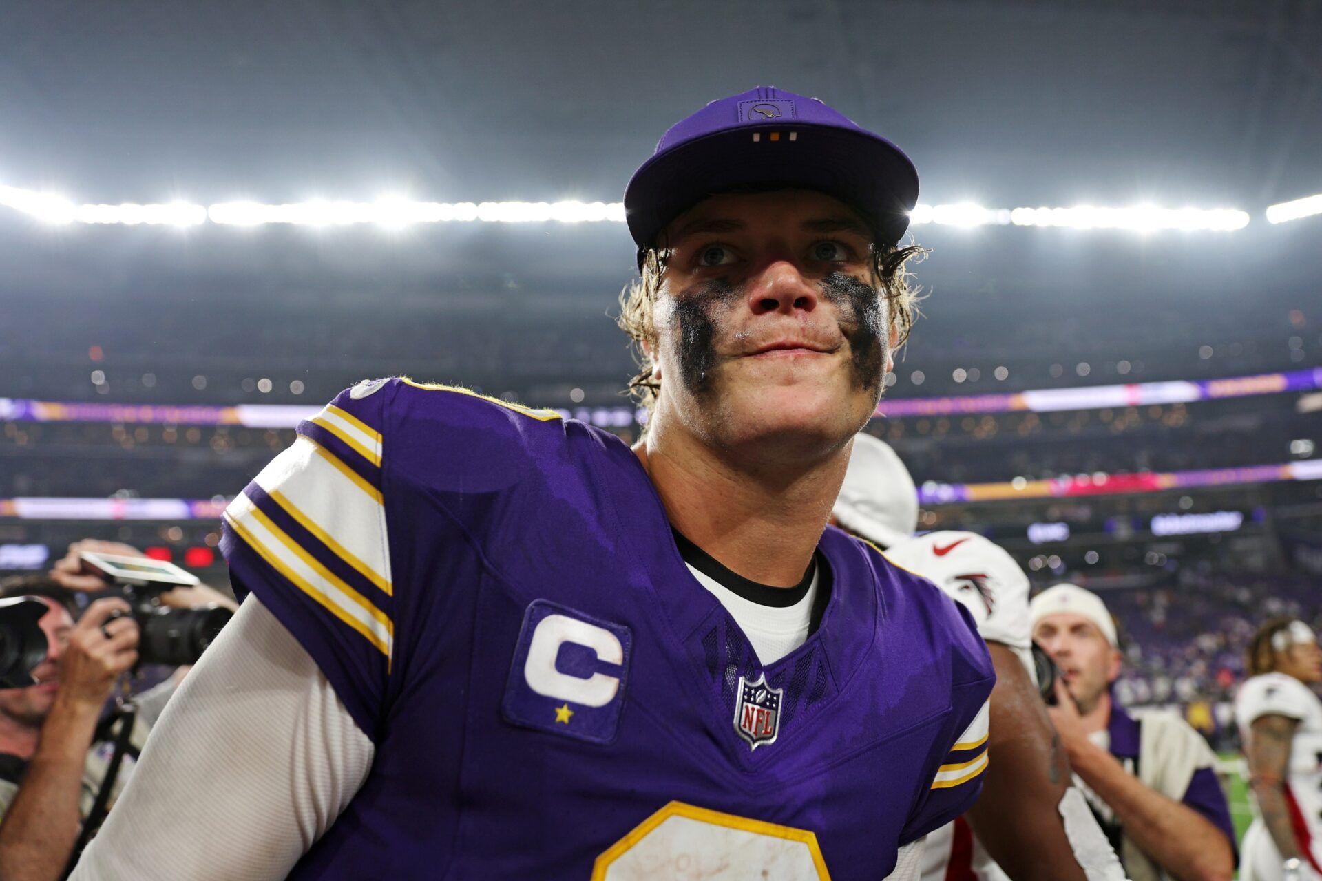 Minnesota Vikings quarterback J.J. McCarthy (9) reacts after the game against the Atlanta Falcons at U.S. Bank Stadium.