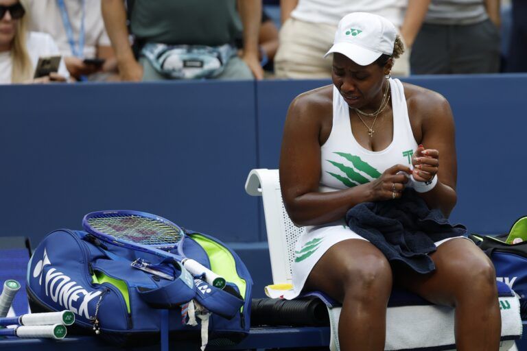 Taylor Townsend (USA) reacts while packing her bag at her player's chair after her match against Barbora Krejcikova (CZE) (not pictured) on day eight of the 2025 US Open tennis championships at Billie Jean King National Tennis Center.