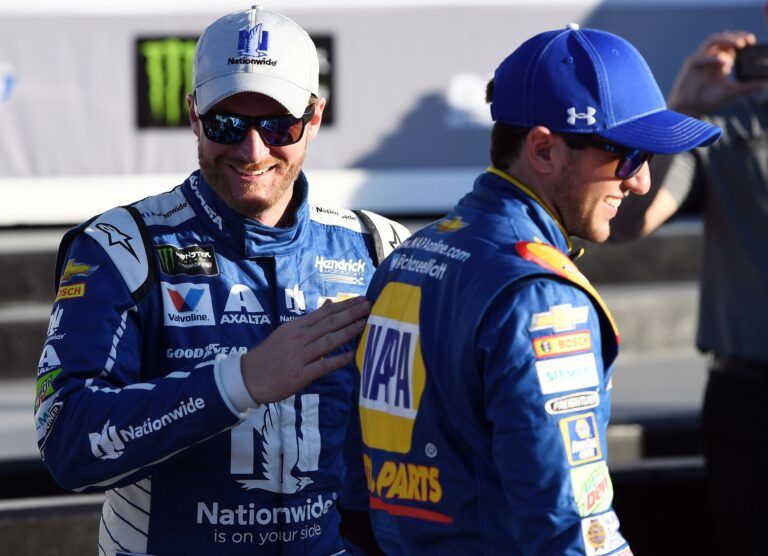 NASCAR Cup Series driver Dale Earnhardt Jr. (88) greet driver Chase Elliott (24) in victory lane after the two won the Front Row for the Daytona 500 at Daytona International Speedway. Chase Elliott won the Daytona 500 pole for second straight year.