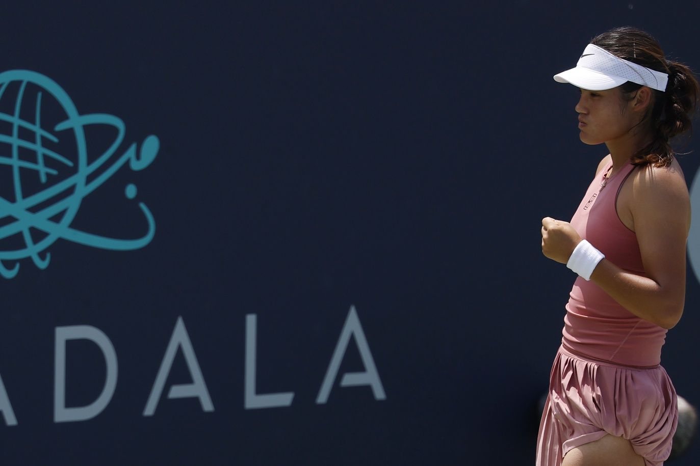Emma Raducanu (GBR) reacts after winning a point against Maria Sakkari (GRE)(not pictured) in a women's singles quarter-final of the Mubadala Citi DC Open at Rock Creek Park Tennis Center.