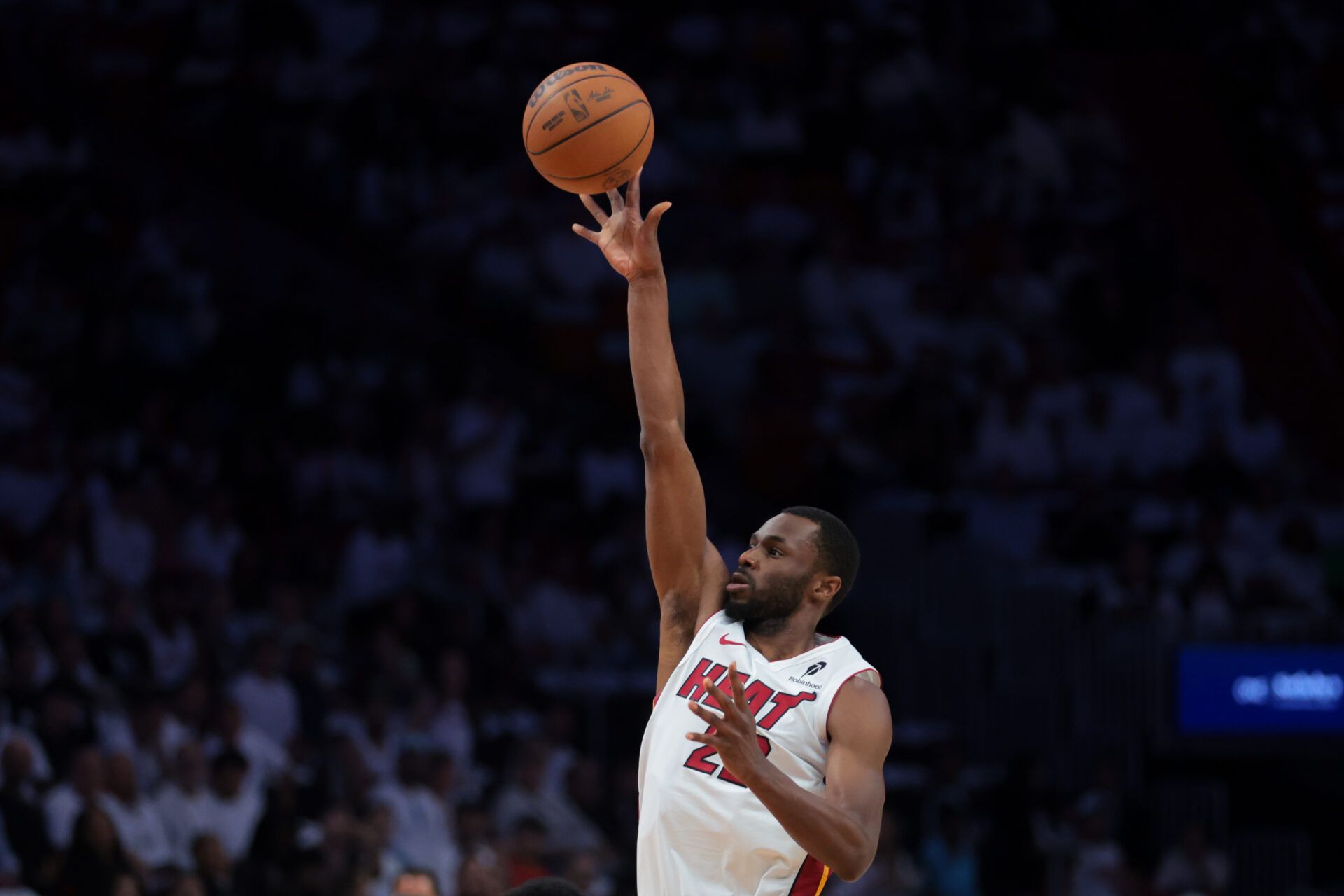 Miami Heat forward Andrew Wiggins (22) shoots the basketball against the Cleveland Cavaliers in the first quarter during game four for the first round of the 2025 NBA Playoffs at Kaseya Center.