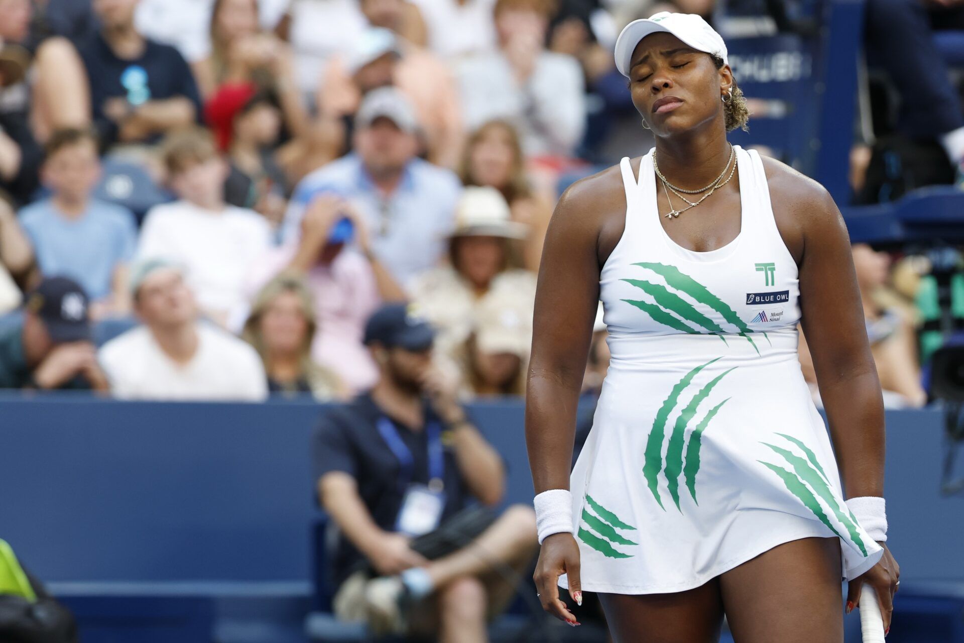 Taylor Townsend (USA) reacts after missing a shot against Barbora Krejcikova (CZE) (not pictured) on day eight of the 2025 US Open tennis championships at Billie Jean King National Tennis Center.