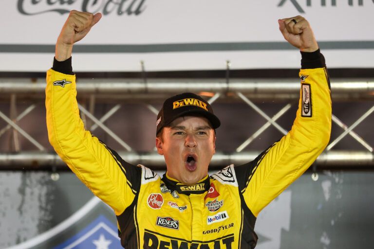 NASCAR Cup Series driver Christopher Bell (20) wins the Bass Pro Shops Night Race at Bristol Motor Speedway.