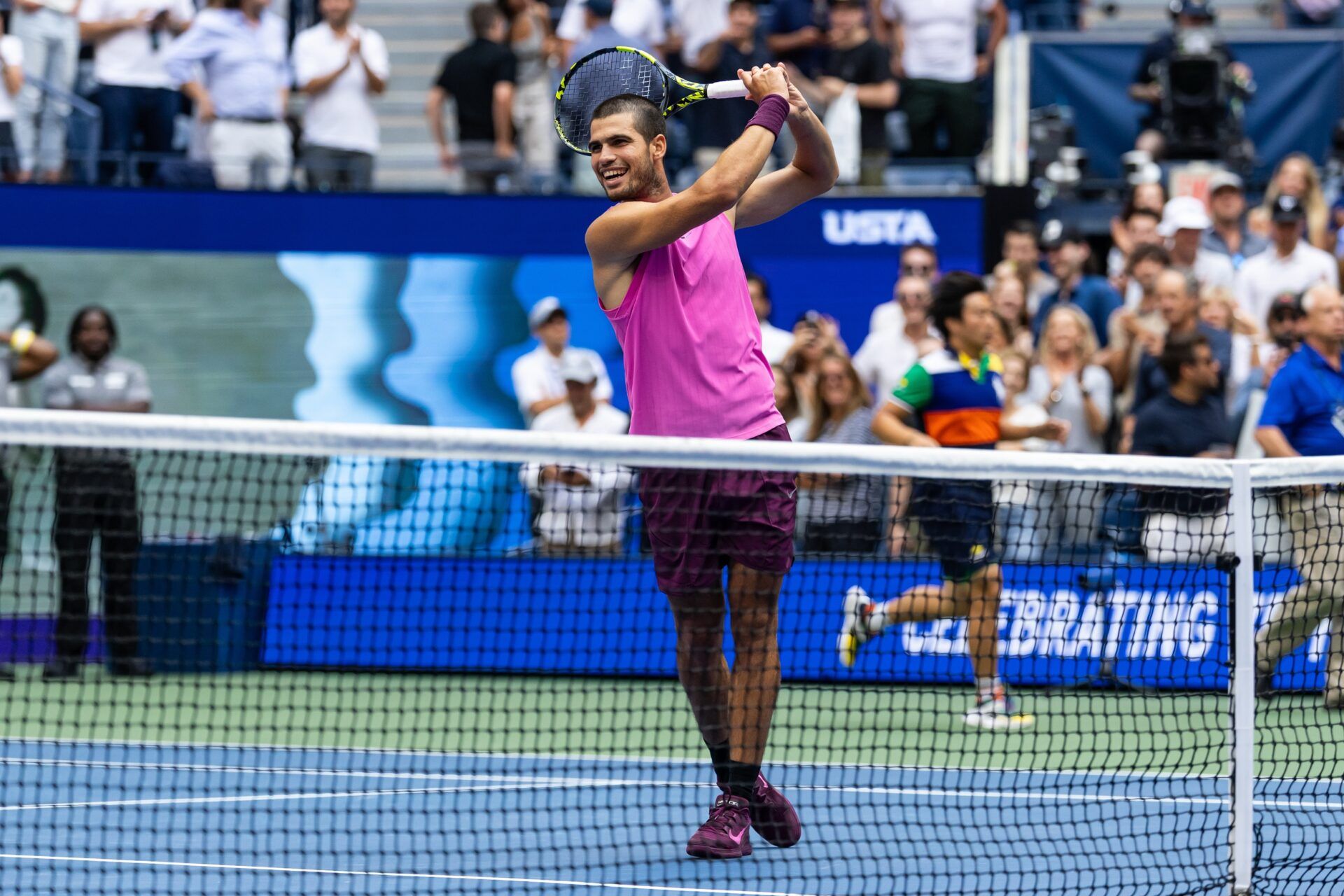 Carlos Alcaraz of Spain celebrates his victory over Novak Djokovic of Serbia in the semifinal of the mens singles at the US Open at Arthur Ashe Stadium in Billie Jean King National Tennis Center.