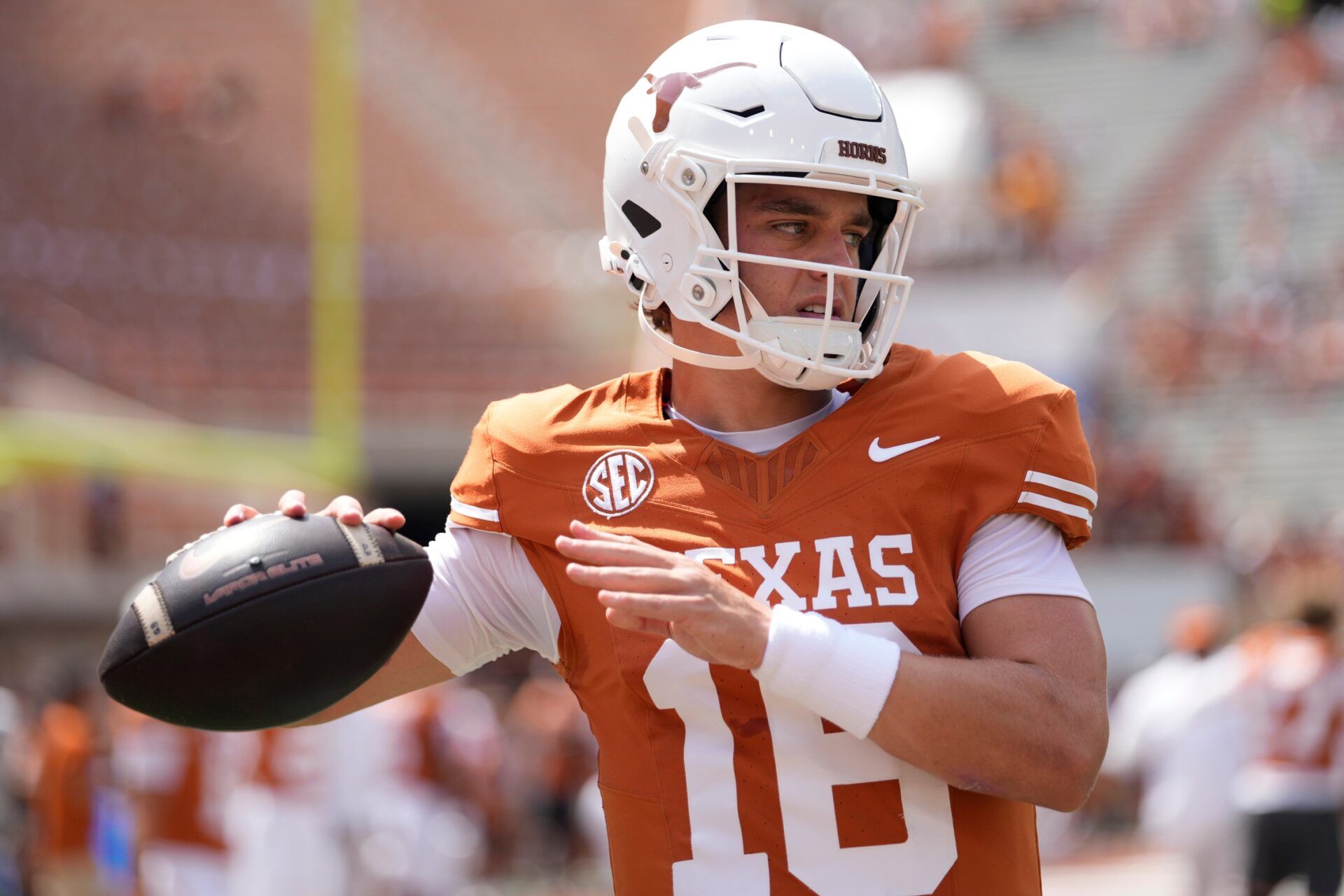 Texas Longhorns quarterback Arch Manning (16) warms up before a game against the Texas El Paso Miners at Darrell K Royal-Texas Memorial Stadium.