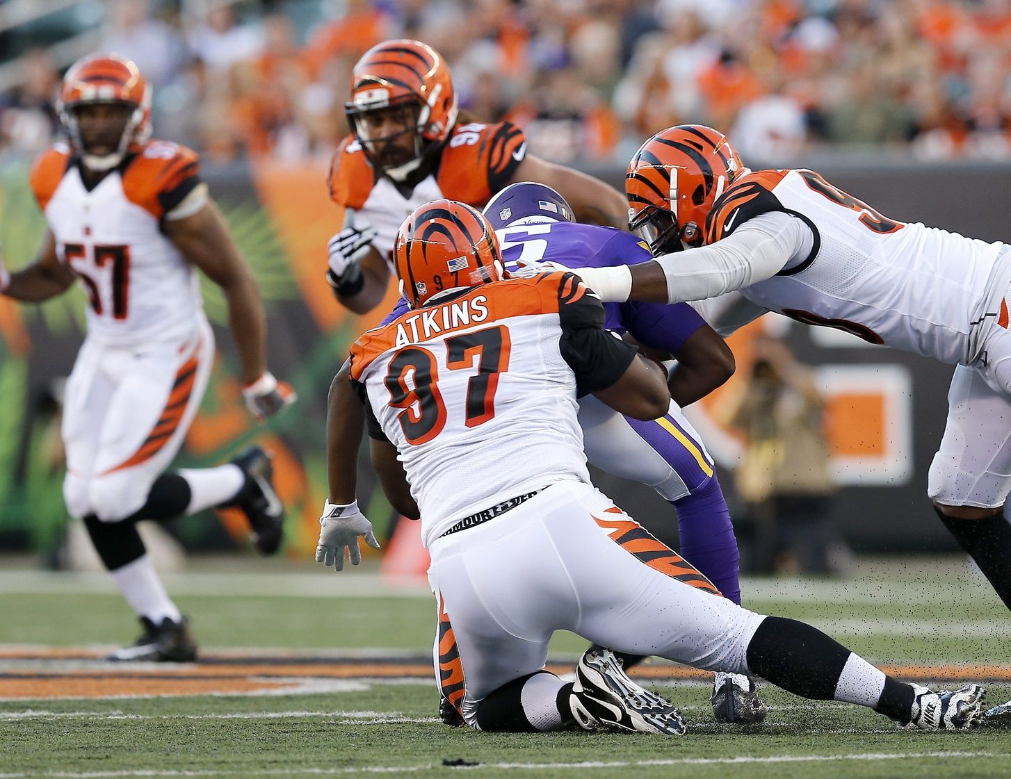 The Enquirer/Sam Greene
Bengals defensive tackle Geno Atkins sacks Vikings quarterback Teddy Bridgewater in the first quarter Friday night.
Cincinnati Bengals defensive tackle Geno Atkins (97) sacks Minnesota Vikings quarterback Teddy Bridgewater (5) for a loss in the first quarter of the NFL pre-season game between the Cincinnati Bengals and the Minnesota Vikings at Paul Brown Stadium on Friday, Aug. 12, 2016. At halftime, the Vikings led 10-7.