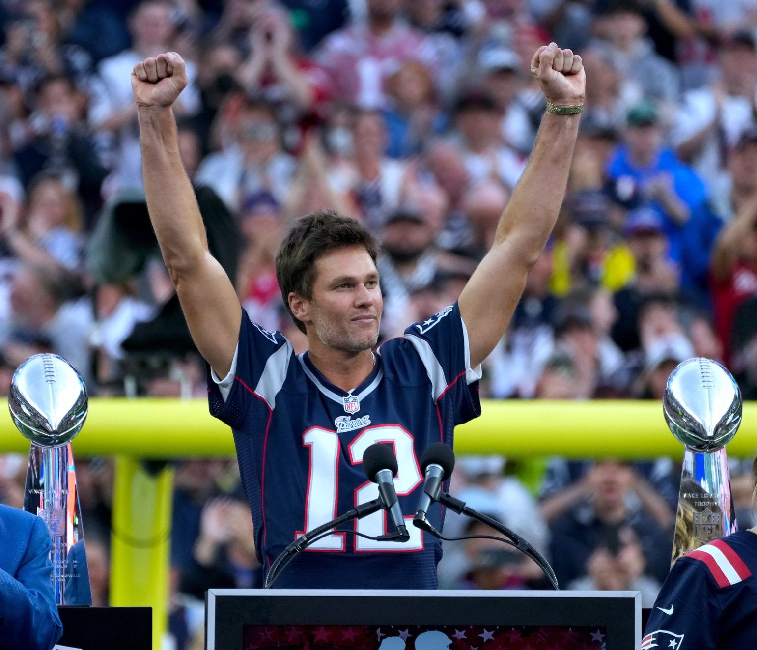 Tom Brady acknowledges his fans during a halftime celebration and the announcement of his induction in the the Patriots Hall of Fame. The New England Patriots host the Philadelphia Eagles in their home opener at Gillette Stadium on Sept 10, 2023. [The Providence Journal / Kris Craig]