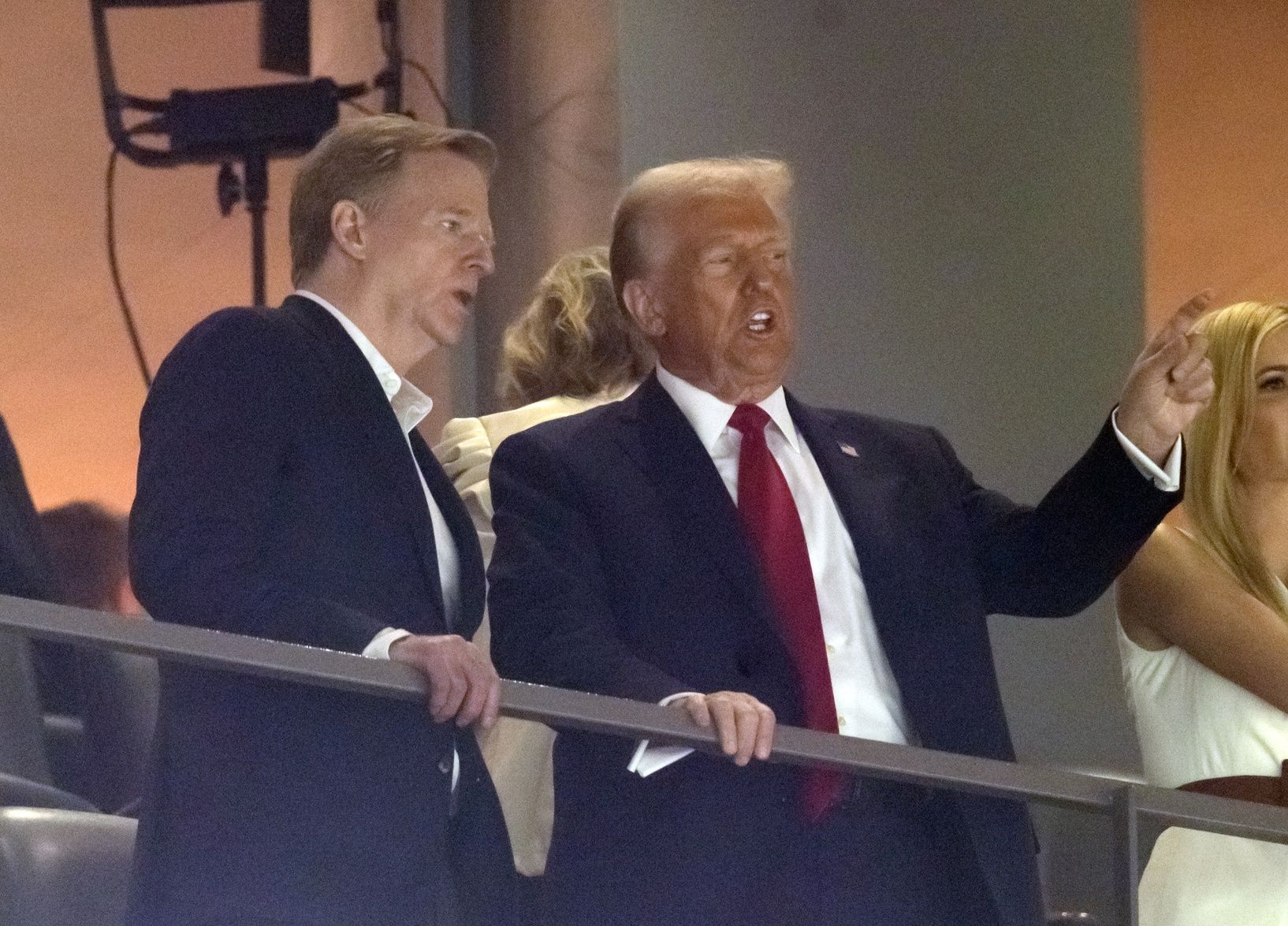 President Donald Trump talks with NFL commissioner Roger Goodell before Super Bowl LIX between the Philadelphia Eagles and the Kansas City Chiefs at Ceasars Superdome.