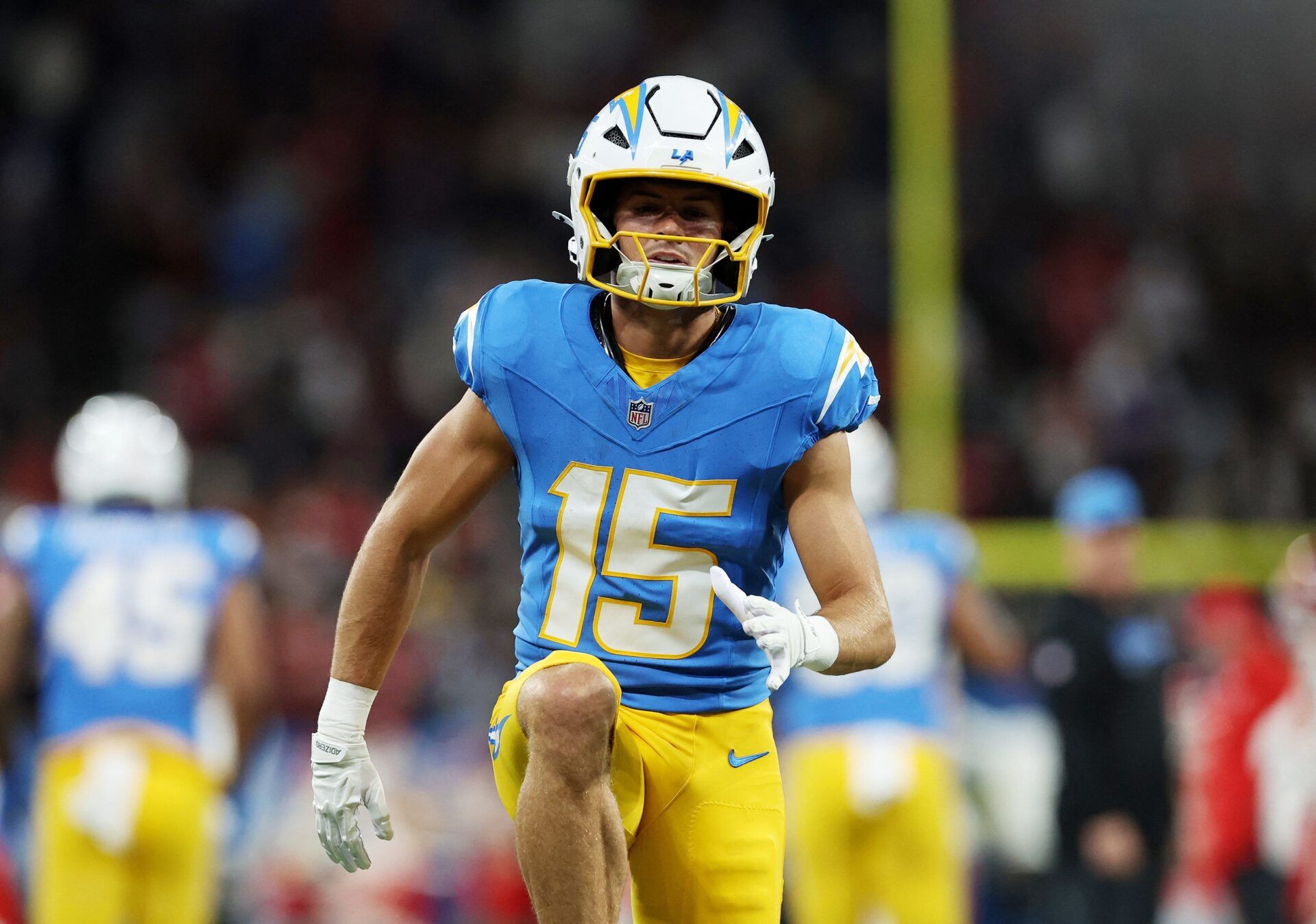 [US, Mexico & Canada customers only] Sep 5, 2025; Sao Paulo, BRAZIL;  Los Angeles Chargers wide receiver Ladd McConkey (15) during the warm up before a NFL game at Corinthians Arena.