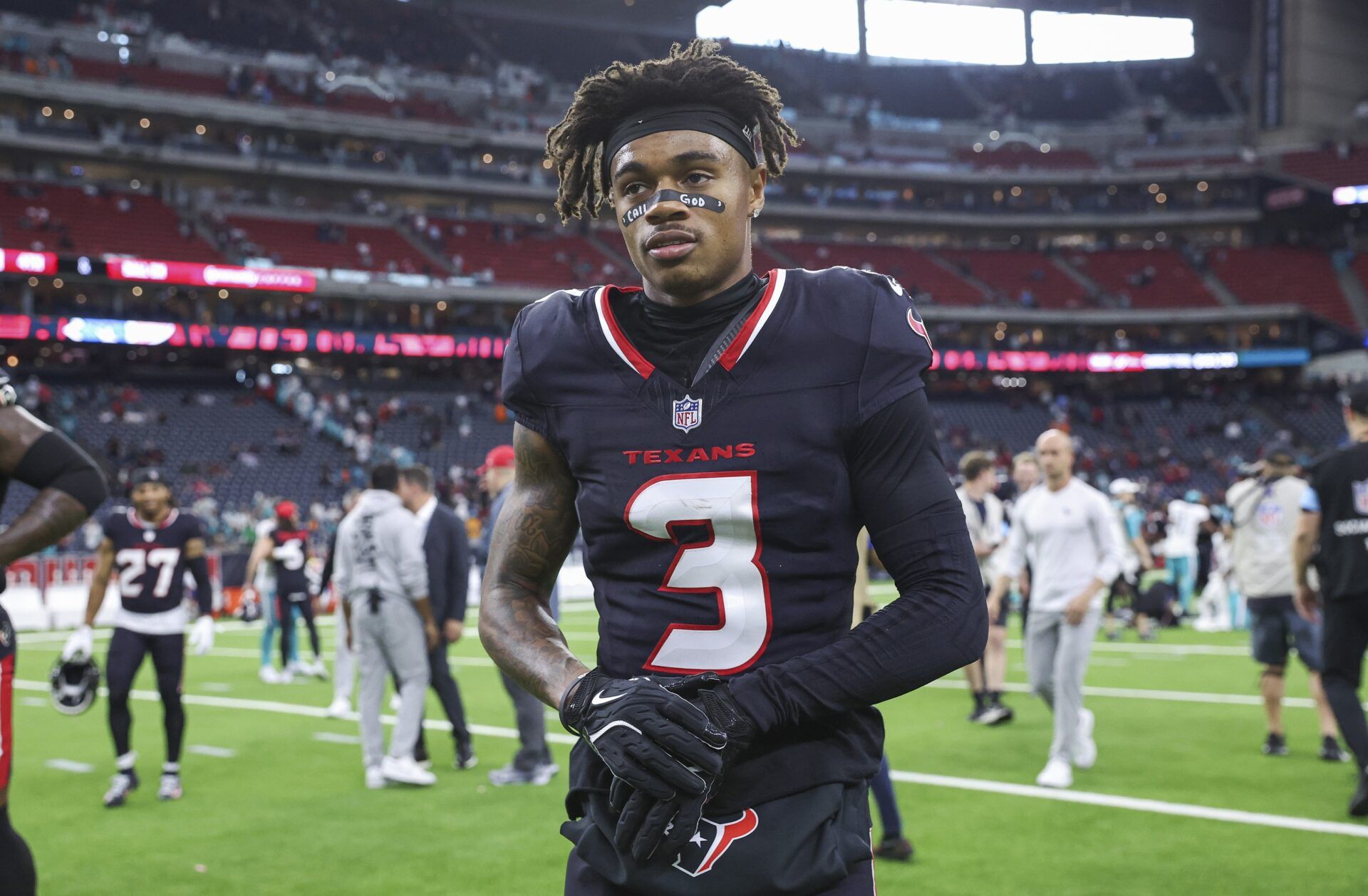 Houston Texans wide receiver Tank Dell (3) walks off the field after the game against the Miami Dolphins at NRG Stadium.
