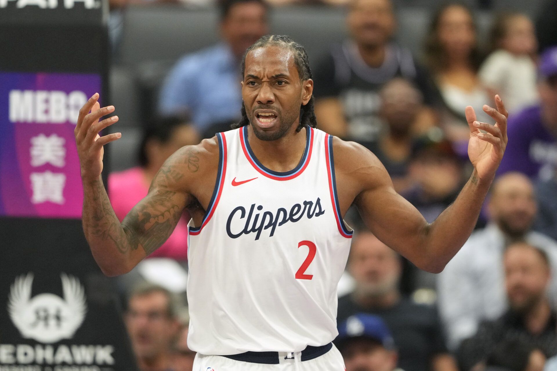 Los Angeles Clippers forward Kawhi Leonard (2) reacts during the first quarter against the Sacramento Kings at Golden 1 Center.