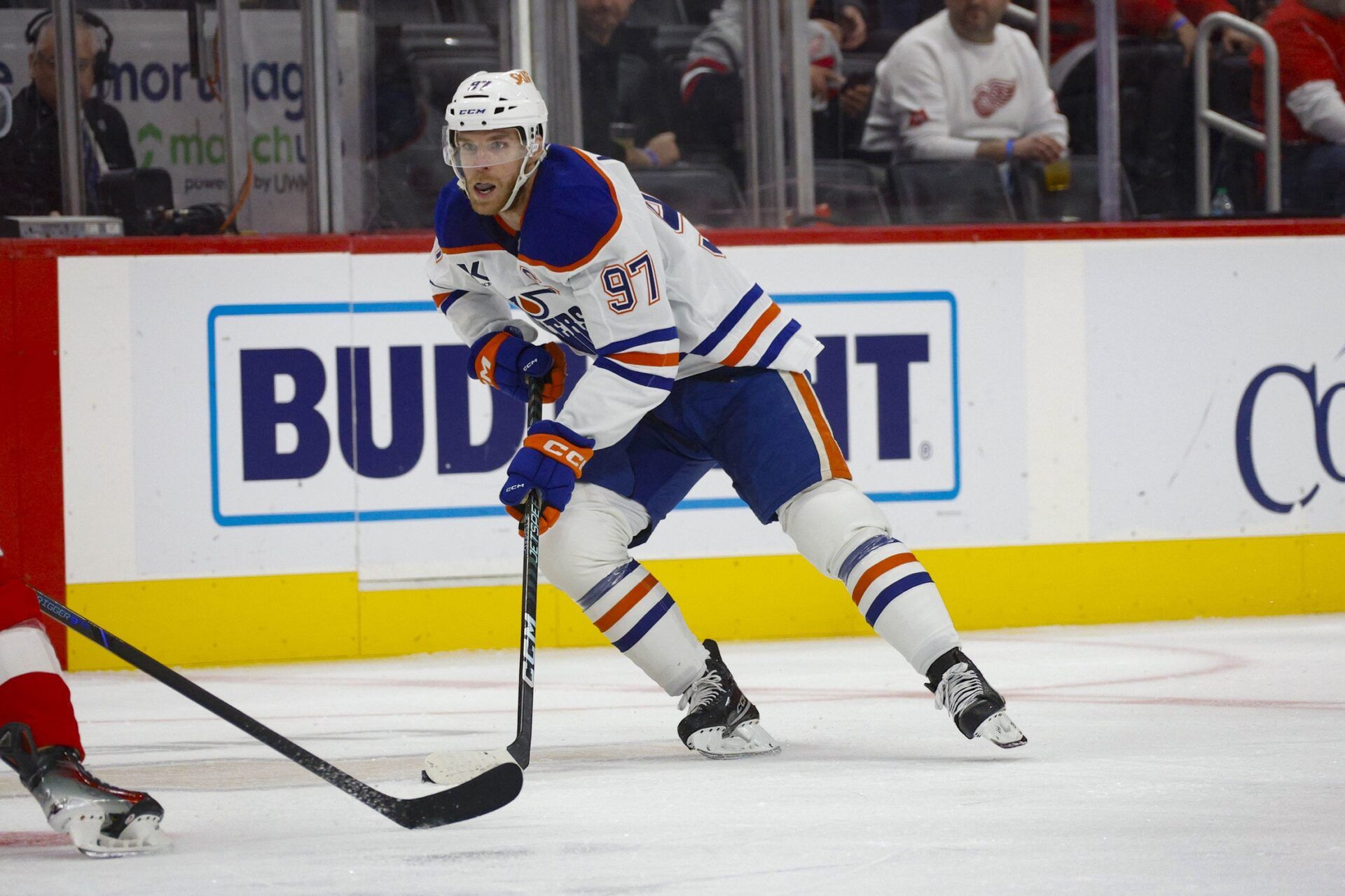 Edmonton Oilers center Connor McDavid (97) handles the puck during the first period against the Detroit Red Wings at Little Caesars Arena.