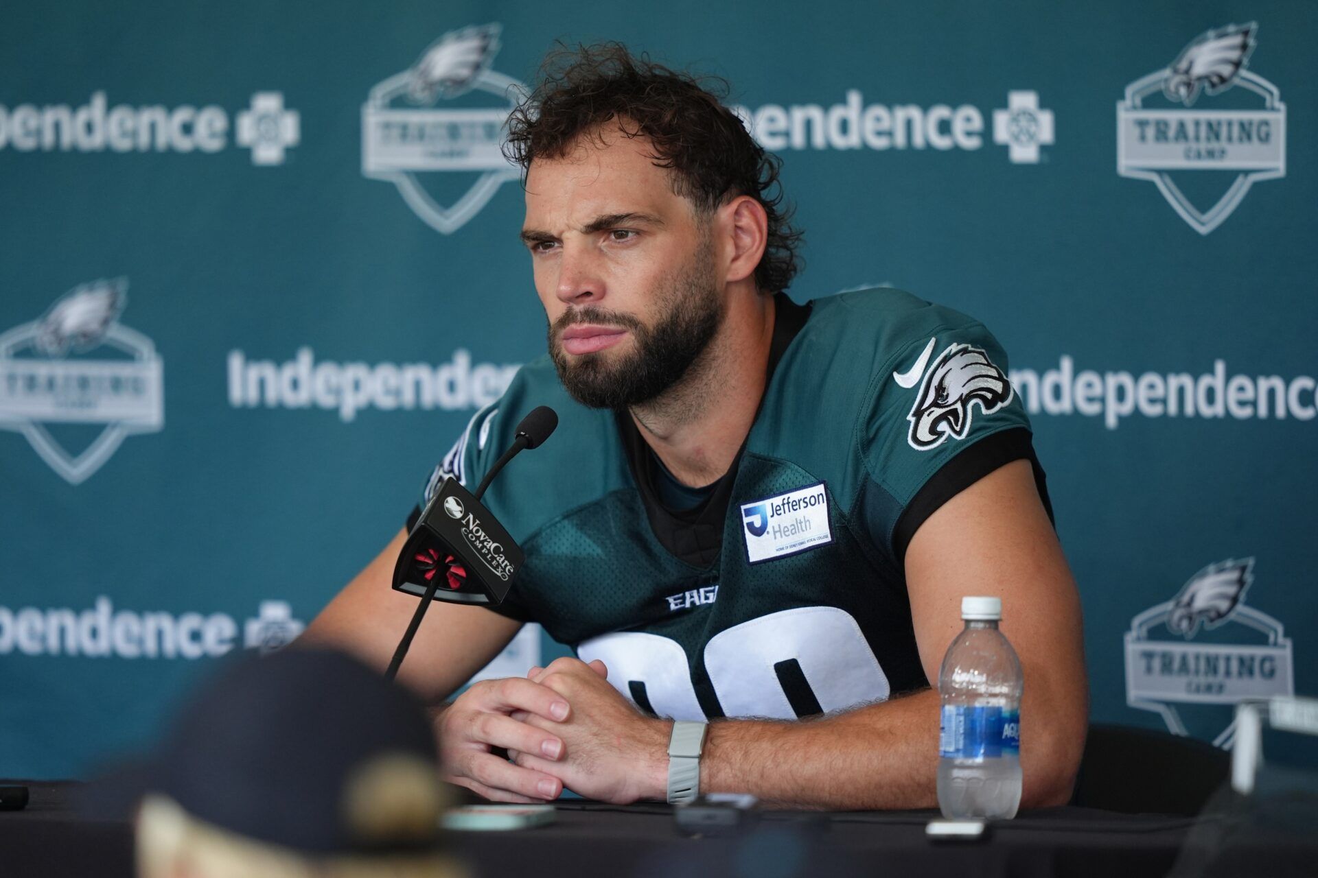 Philadelphia Eagles tight end Dallas Goedert (88) addresses media during training camp at NovaCare Complex.