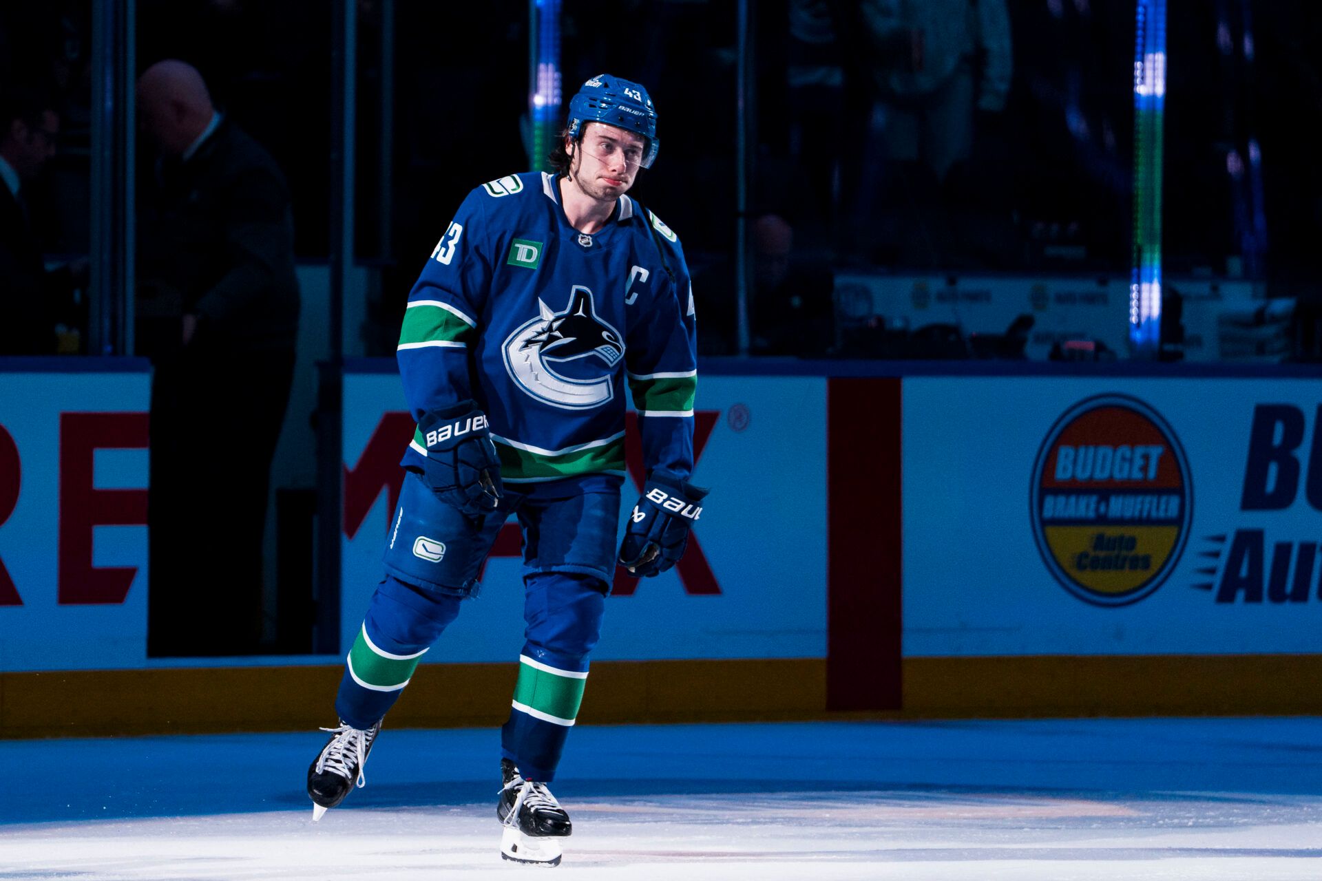Vancouver Canucks defenseman Quinn Hughes (43) skates out as the third star of the game against the San Jose Sharks at Rogers Arena.