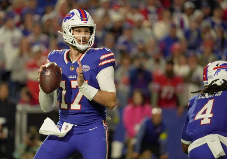 Buffalo Bills quarterback Josh Allen has his eyes on his receiver before throwing the pass during first half action against the Baltimore Ravens at Highmark Stadium in Orchard Park on Sept. 7, 2025.