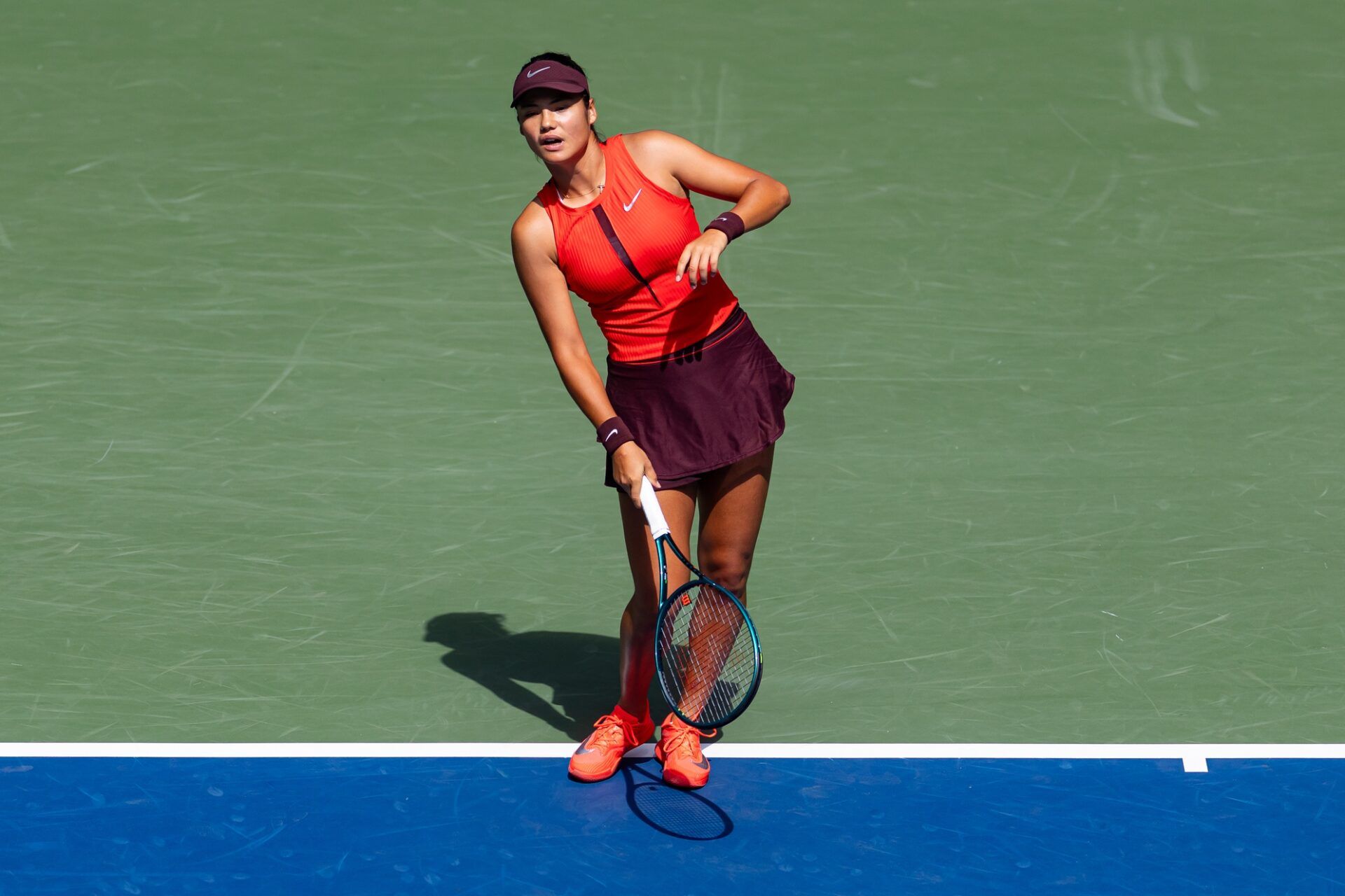 Flushing, NY, USA; Emma Raducanu of United Kingdom in action against Elena Rybakina of Kazakhstan in the third round of the womens singles at the US Open at Louis Armstrong Stadium in Billie Jean King National Tennis Center.