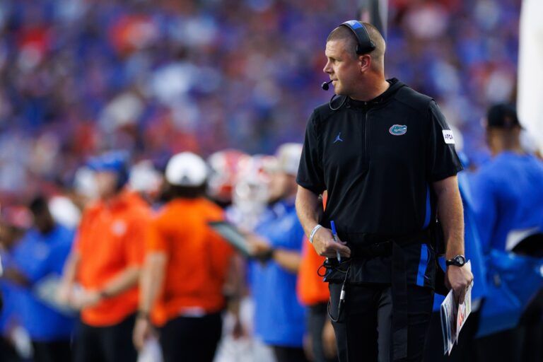 Florida Gators head coach Billy Napier looks on against the Long Island Sharks during the first half at Ben Hill Griffin Stadium.