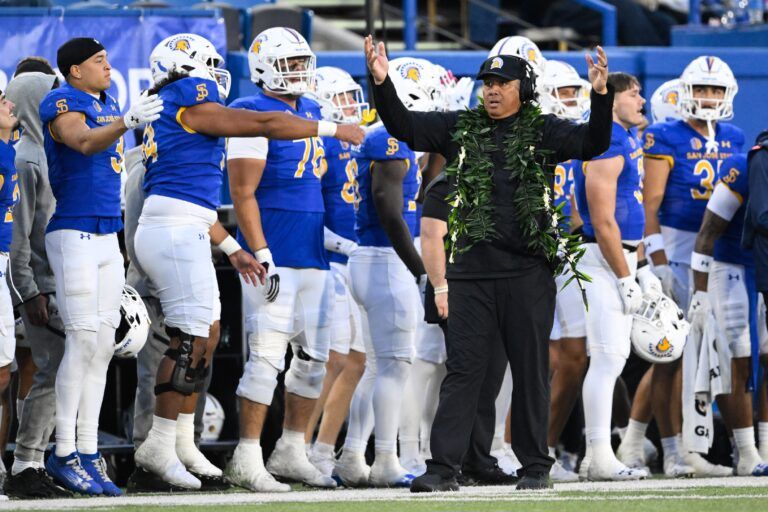 San Jose State Spartans head coach Ken Niumatalolo celebrates against the Stanford Cardinal in the fourth quarter at CEFCU Stadium.
