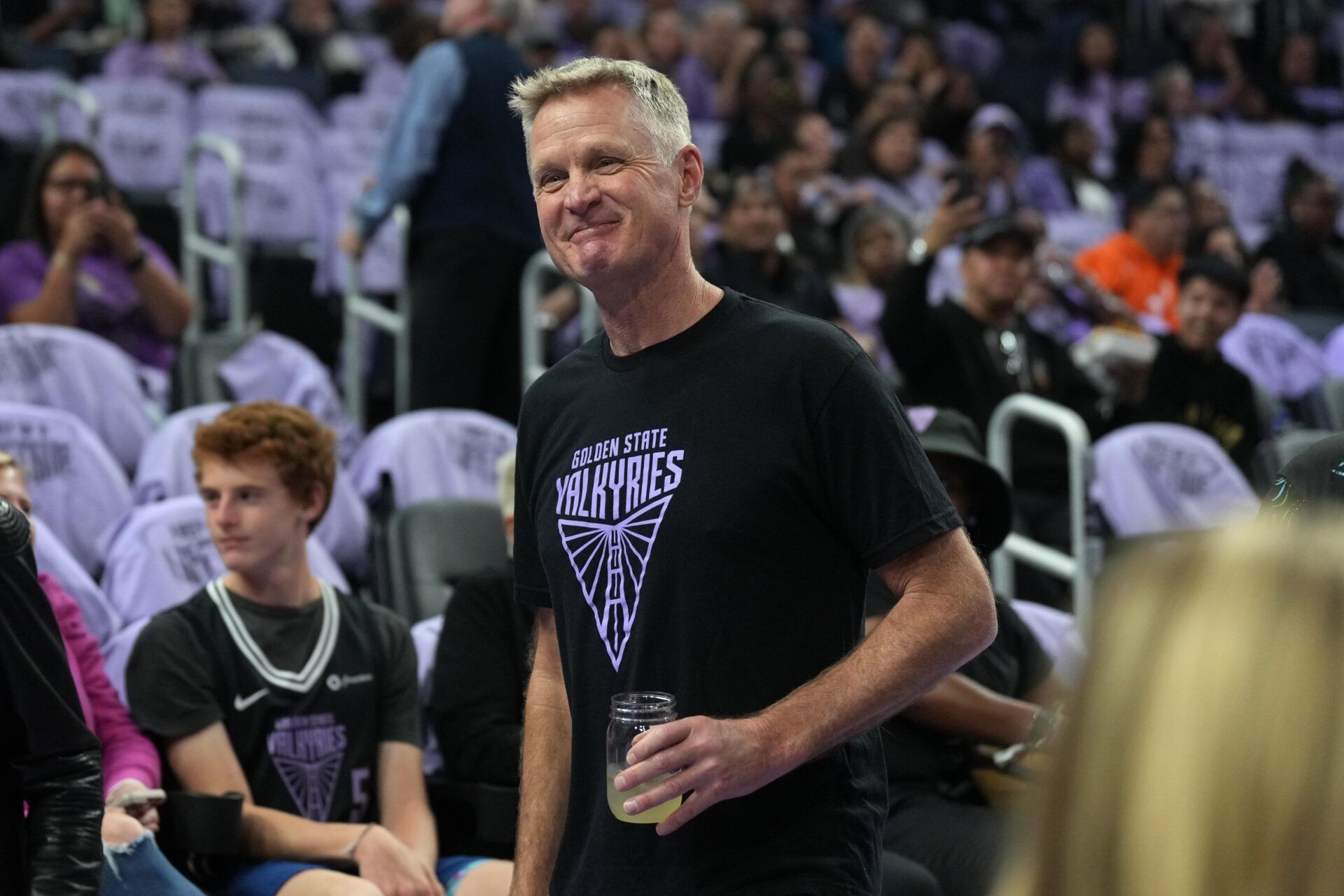 Golden State Warriors head coach Steve Kerr walks along the court before the game between the Golden State Valkyries and the Los Angeles Sparks at Chase Center.