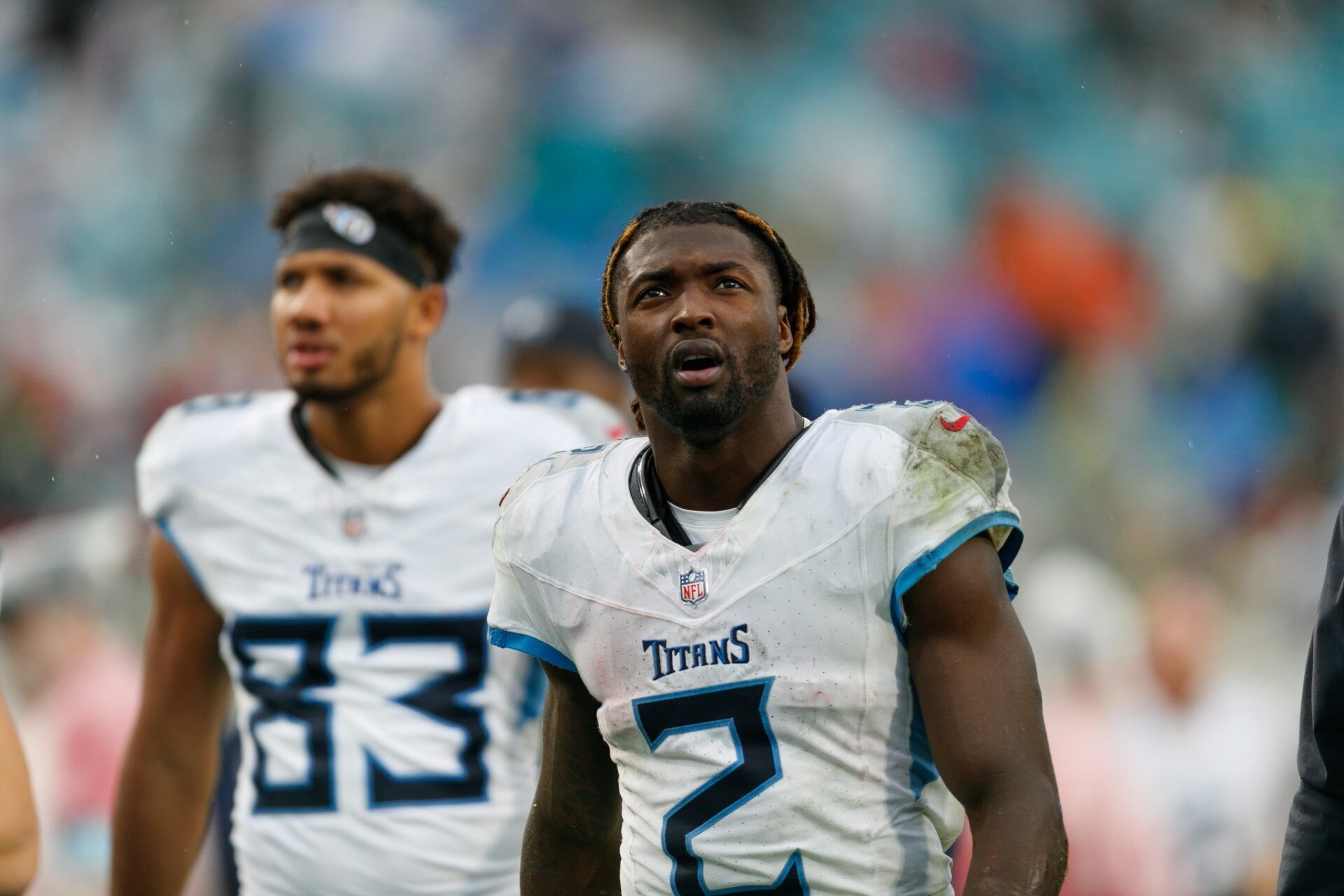Tennessee Titans running back Tyjae Spears (2) heads to the locker room for half time against the Jacksonville Jaguars  at EverBank Stadium.