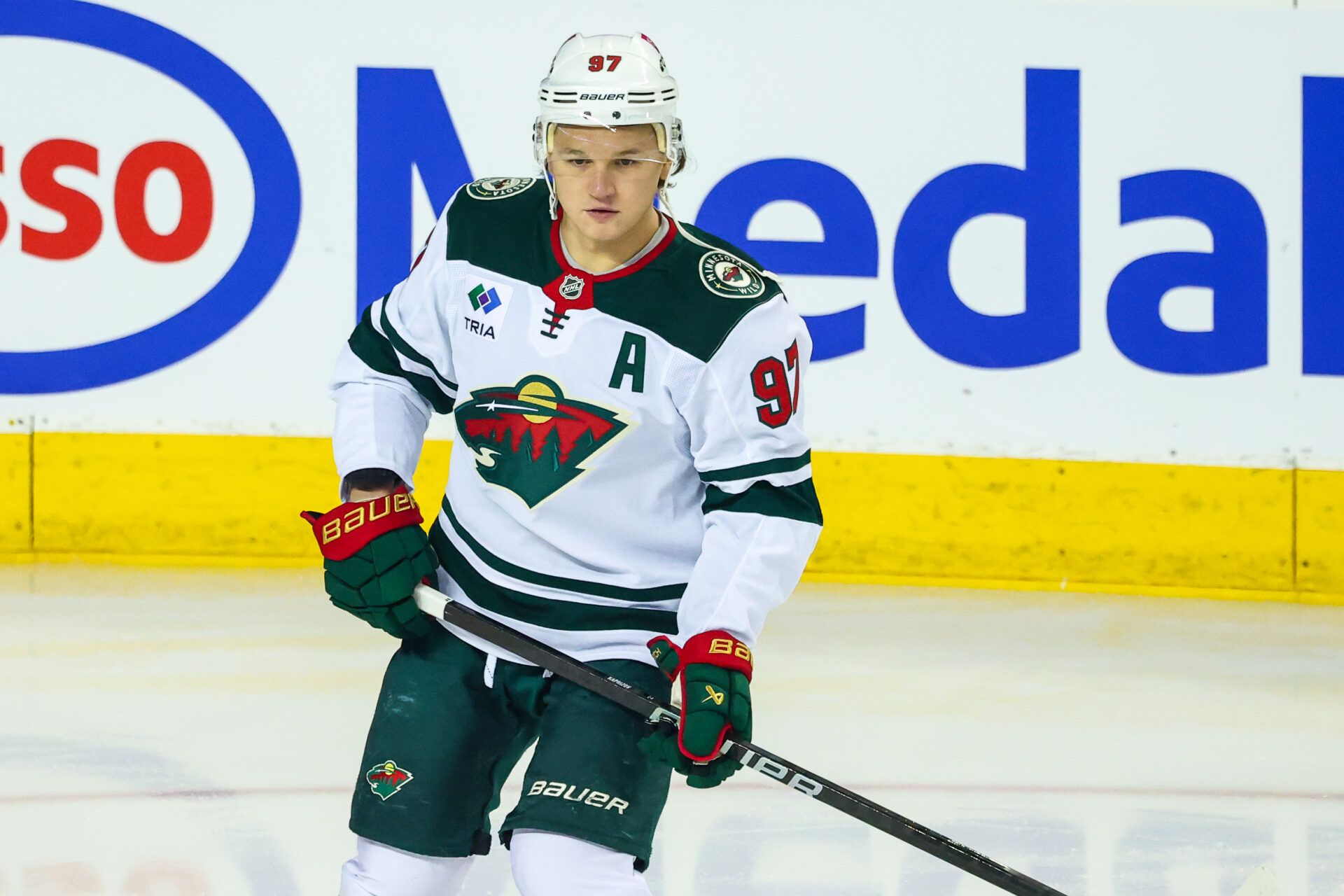 Minnesota Wild left wing Kirill Kaprizov (97) skates during the warmup period against the Calgary Flames at Scotiabank Saddledome.