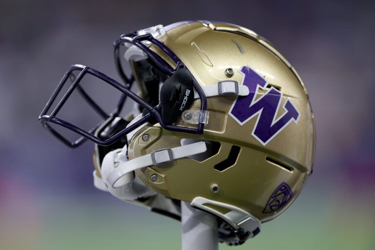 SEATTLE, WASHINGTON - SEPTEMBER 23: A detail of a Washington Huskies football helmet is seen during the game against the California Golden Bears at Husky Stadium on September 23, 2023 in Seattle, Washington. (Photo by Steph Chambers/Getty Images)