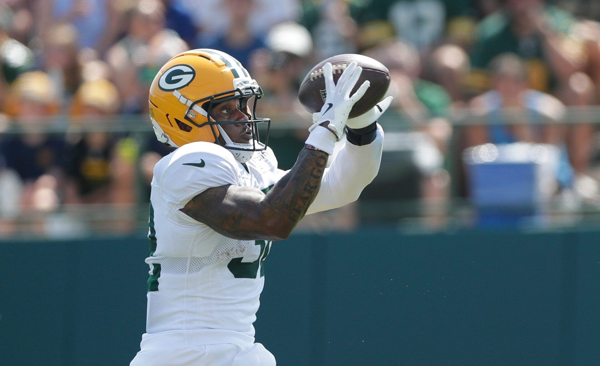 Green Bay Packers MarShawn Lloyd (32) participates in drills during fifth day of training camp on July 28, 2025, at Ray Nitschke Field in Ashwaubenon, Wis.