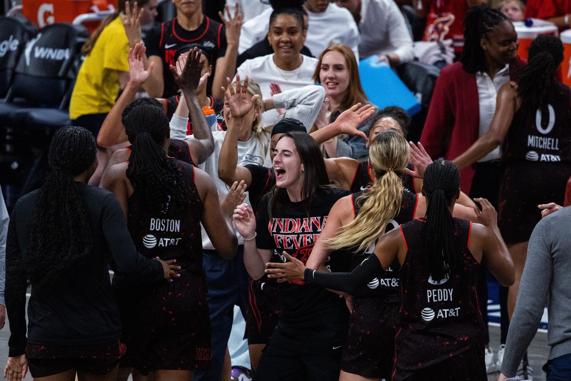 Indiana Fever guard Caitlin Clark (22) celebrates during game two of round one against the Atlanta Dream for the 2025 WNBA Playoffs at Gainbridge Fieldhouse.