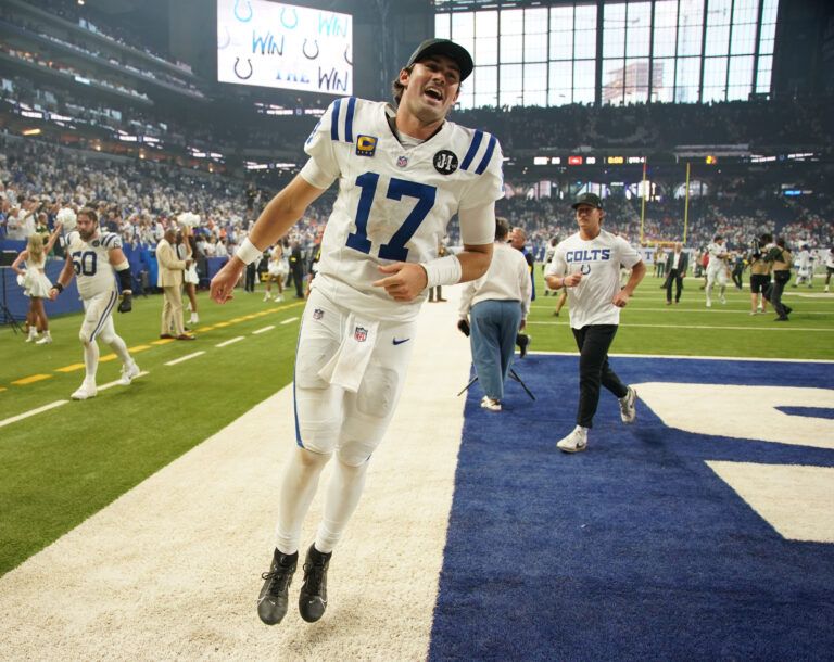 Indianapolis Colts quarterback Daniel Jones (17) celebrates the win against the Denver Broncos at Lucas Oil Stadium.